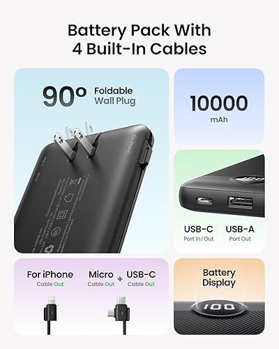 Miniatura 2 de Cargador portátil con enchufe de pared, banco de energía USB C delgado con cables integrados, pantalla LED de 10000 mAh, batería externa compatible