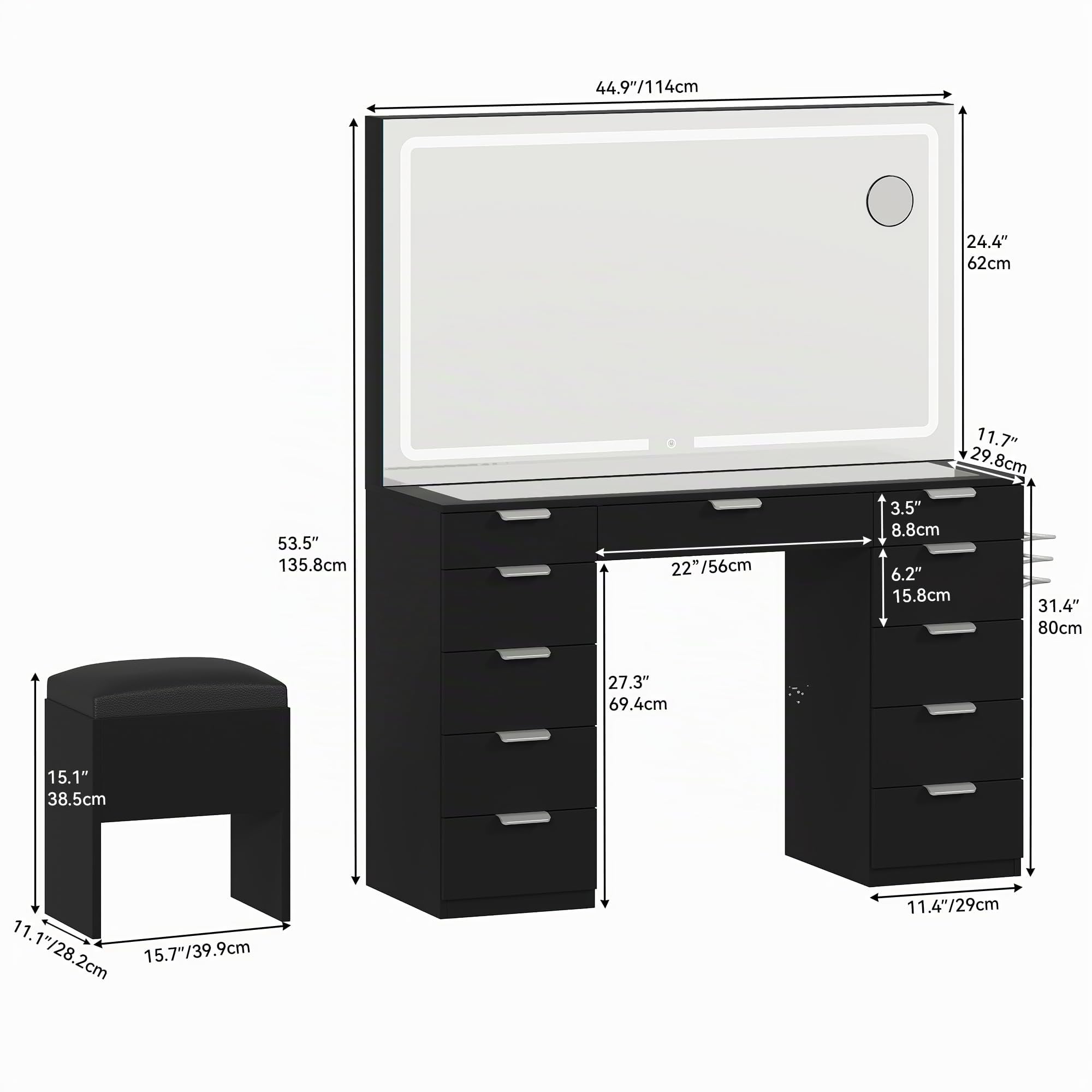 DWVO Schminktisch mit Spiegel, Kosmetiktisch mit 11 Schubladen, Beleuchtung, Steckdose, schwarz (Make Up Tisch, Frisiertisch, Kosmetiktisch, Vanity Table)