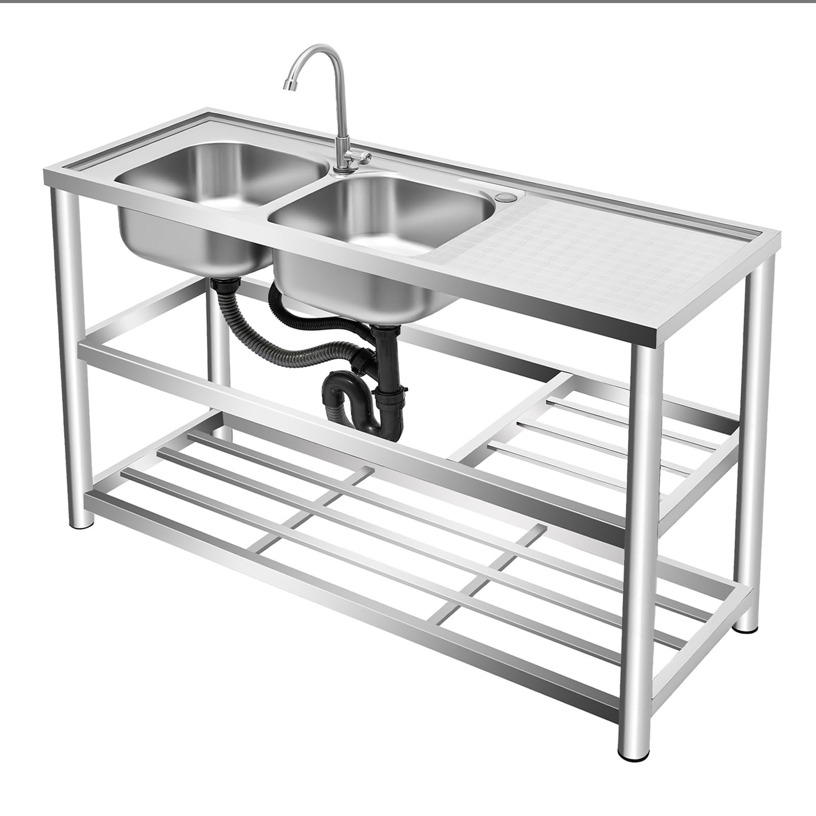 Fregadero de cocina independiente, 2 cuencos, doble, de acero inoxidable, comercial con grifo, soporte y drenaje, para exterior e interior