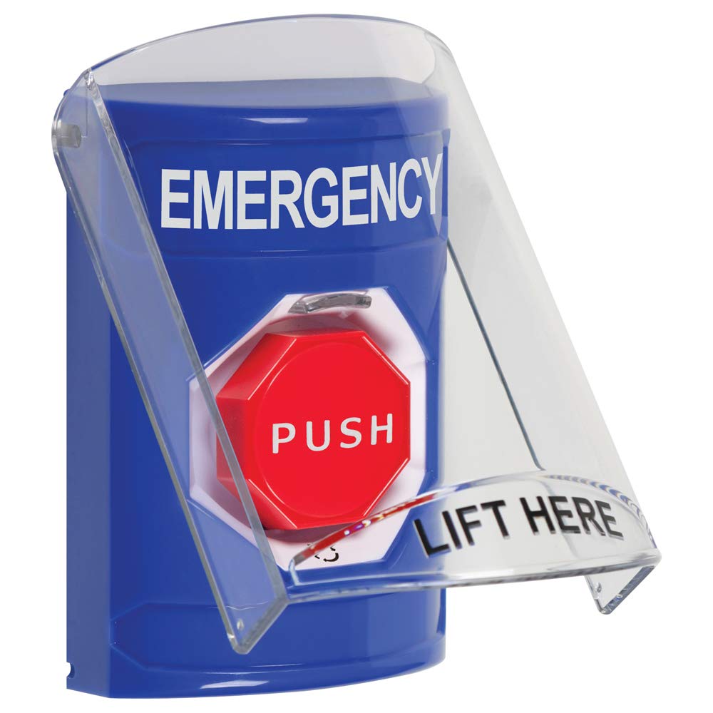 Safety Technology International, Inc. SS2429EM-EN Stopper® Station Push Button with Stopper® Station Shield, Turn-to-Reset, Blue, Emergency Label