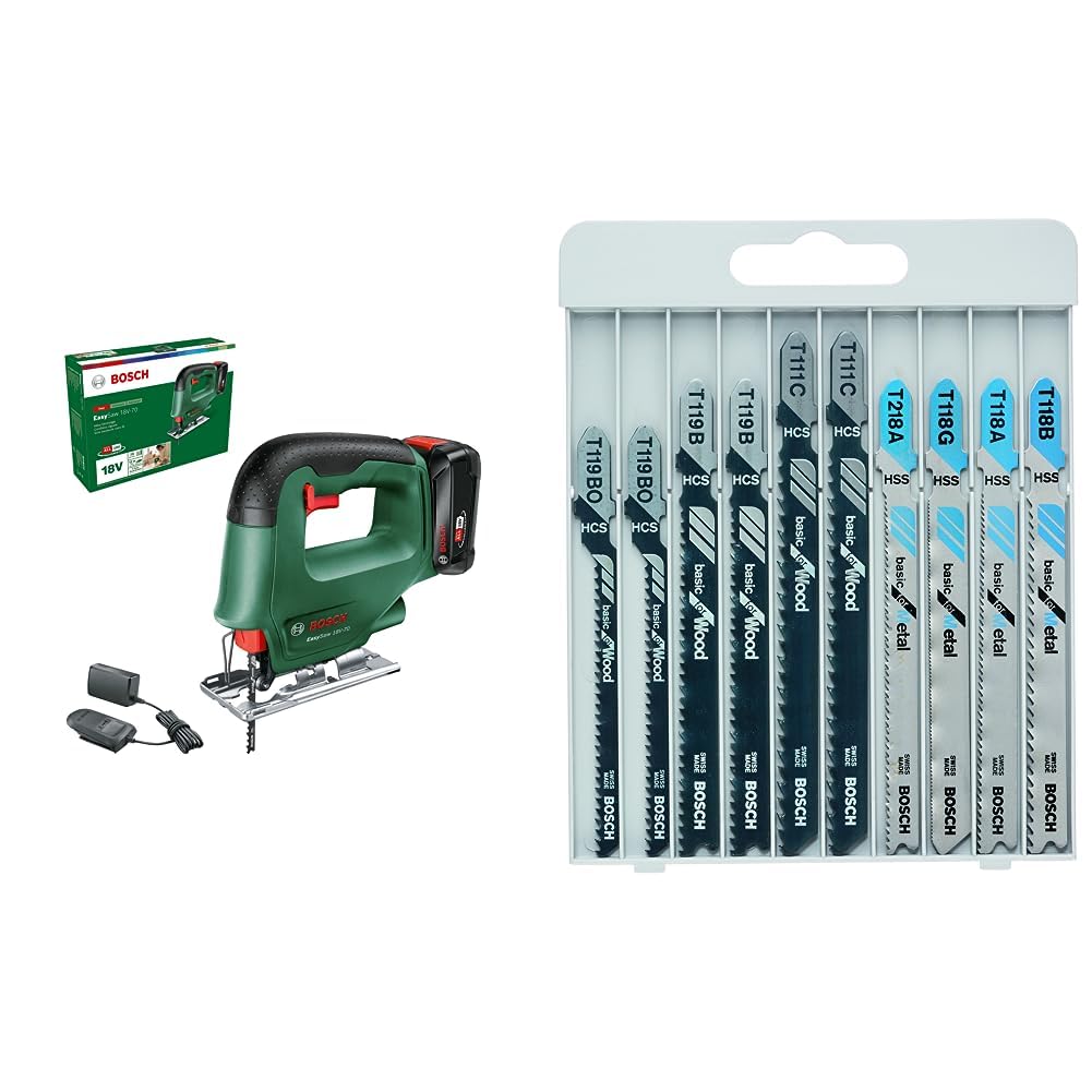 Bosch Akku Stichsäge EasySaw 18V-70 (2,0 Ah Akku, 18 Volt System, mit 1 Stichsägeblatt, Ladegerät AL 18V-20, im Karton) + 10tlg. Stichsägeblatt Set Basic for Wood & Metal (für Holz & Metall, Zubehör)