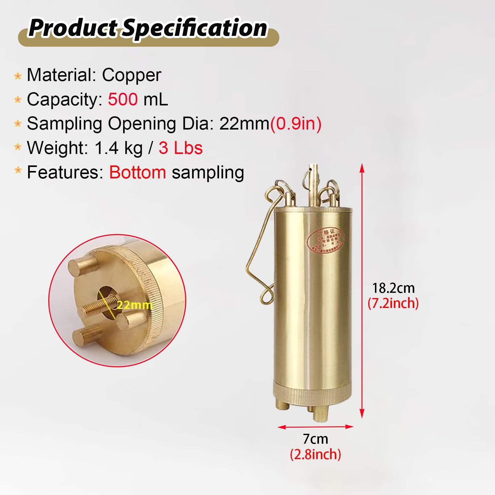 Frasco de Muestra de latón de 500 ml con Cubo Desmontable y Cuerda de 25 m: un colector de líquidos preciso para aceites, aceites de Bronceado, etc., Ideal para Profesionales y usuarios domé