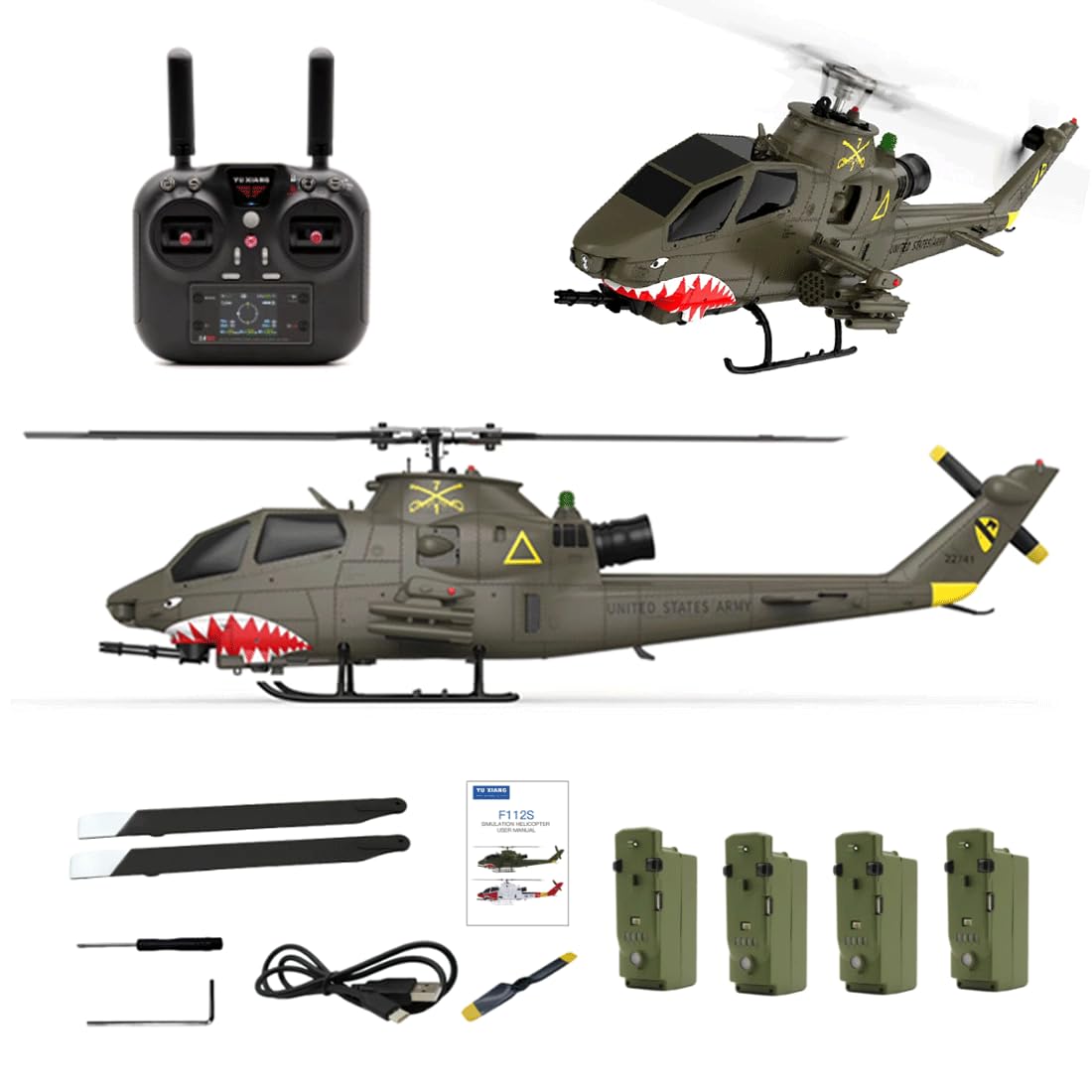 YU Xiang F112S AH-1 Cobra 1:40 RC Hubschrauber GPS 9CH Flybarless Doppelrotor Militär Helikopter Mit Zwei Brushless Motoren, Höhenhaltung & Intelligentem LiDAR-Flugmodus – RTF