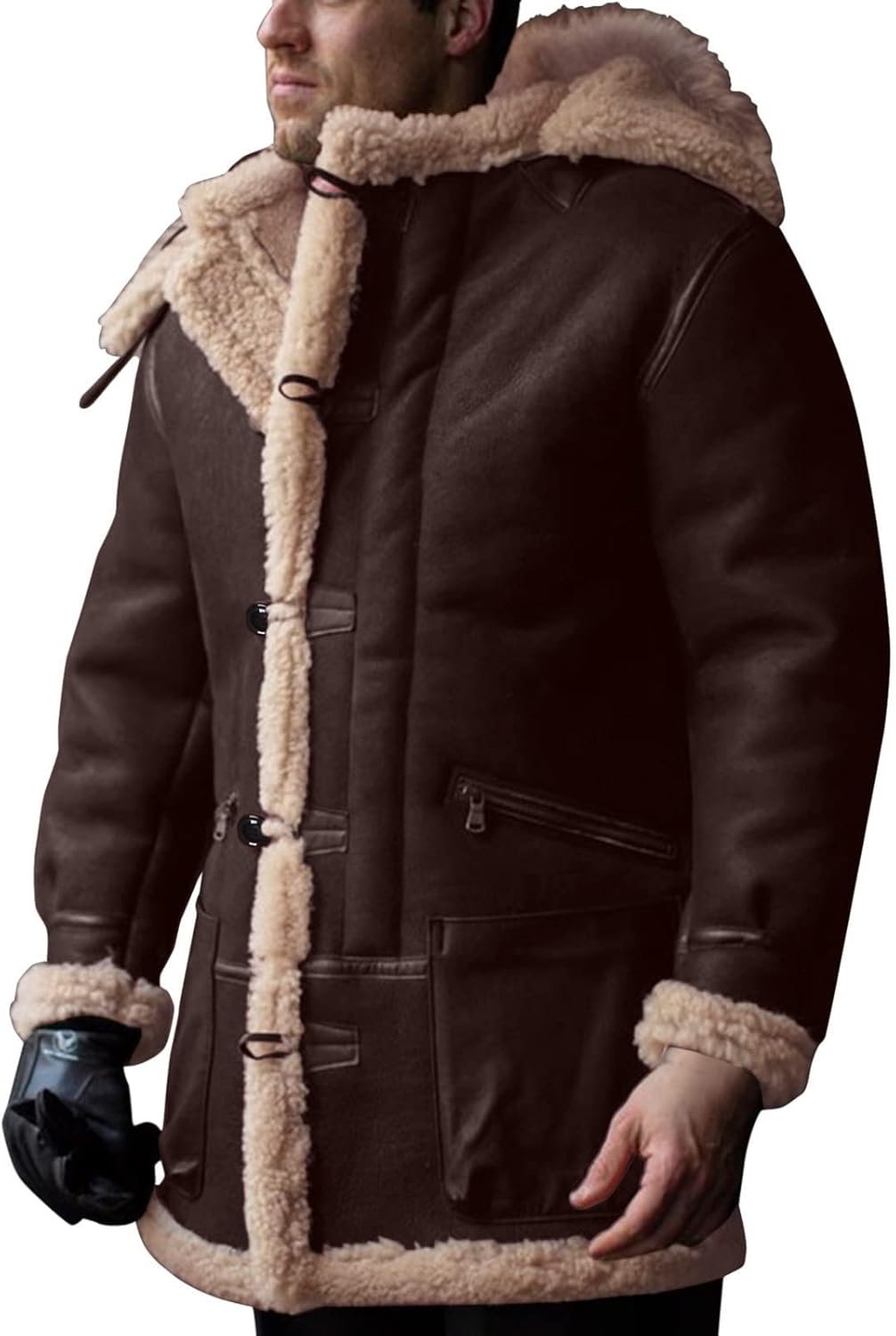 XUNRYAN Men's Faux-Leather Jackets Sherpa Fleece Lined Casual Lightweight Jacket Outdoor Winter Warm Coats w Zipper Pockets