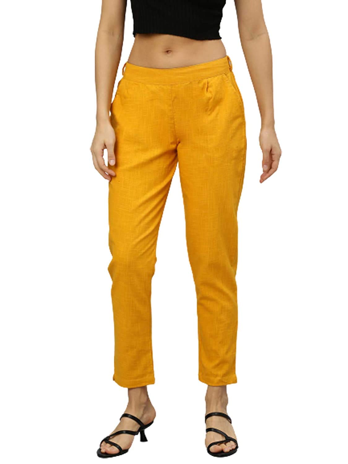 Yash Gallery Womens Cotton Slub Solid Regular Fit Casual Trouser Pants for Summer