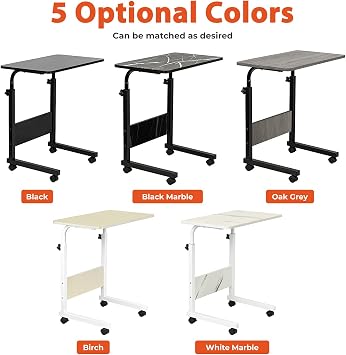 simpa Black Height Adjustable Mobile Laptop Table Overbed Desk & Rolling Workstation with Sturdy Metal Frame & Lockable Castors