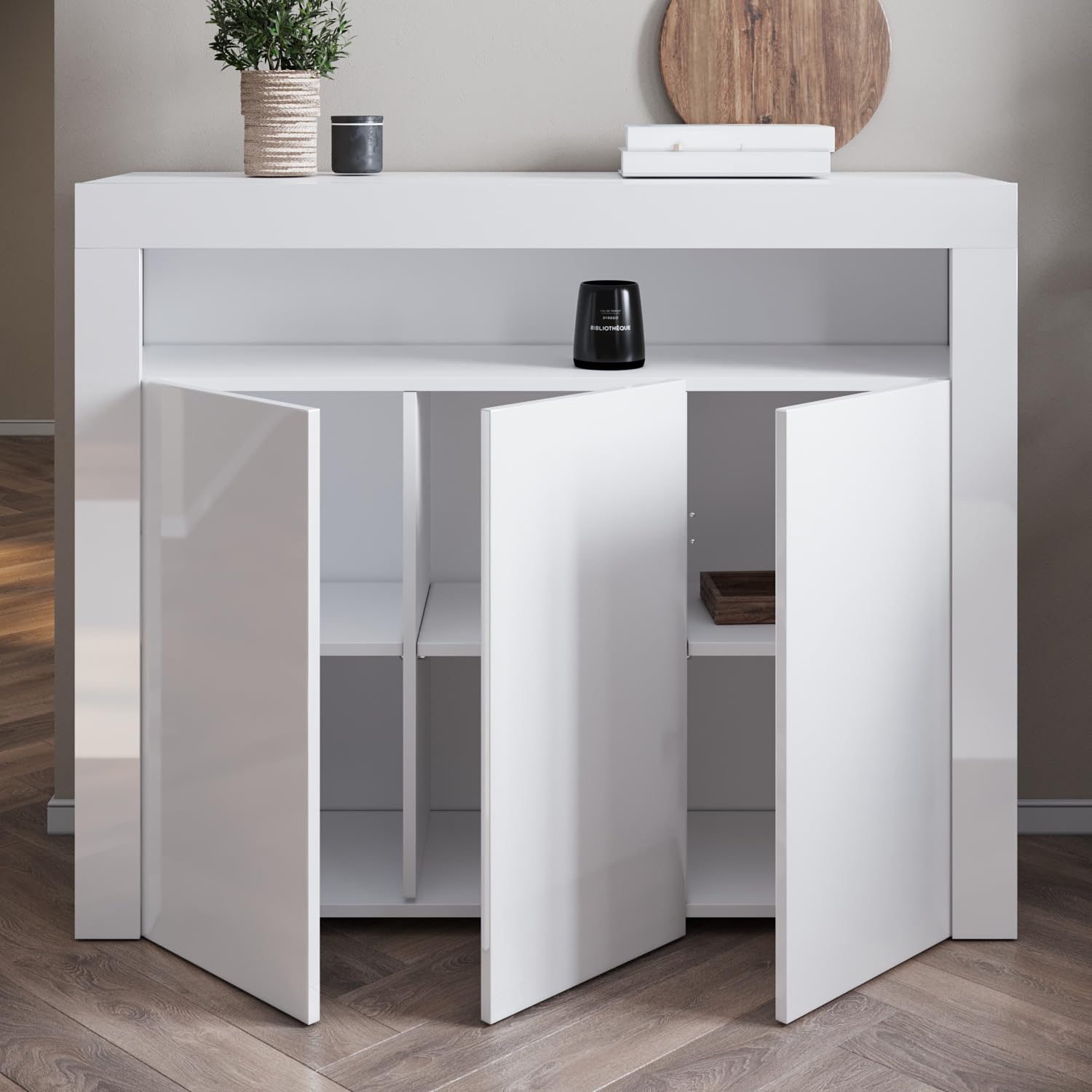 SONNI Kommode mit 3 Hochglanz Türen, LED(16 Farben), 116x35x93cm, Weiß | Sideboard mit Schrank, Komodenschrank, Wohnzimmermöbel, Wohnzimmerschrank, Standschrank für Küche, Esszimmer, Wohnzimmer