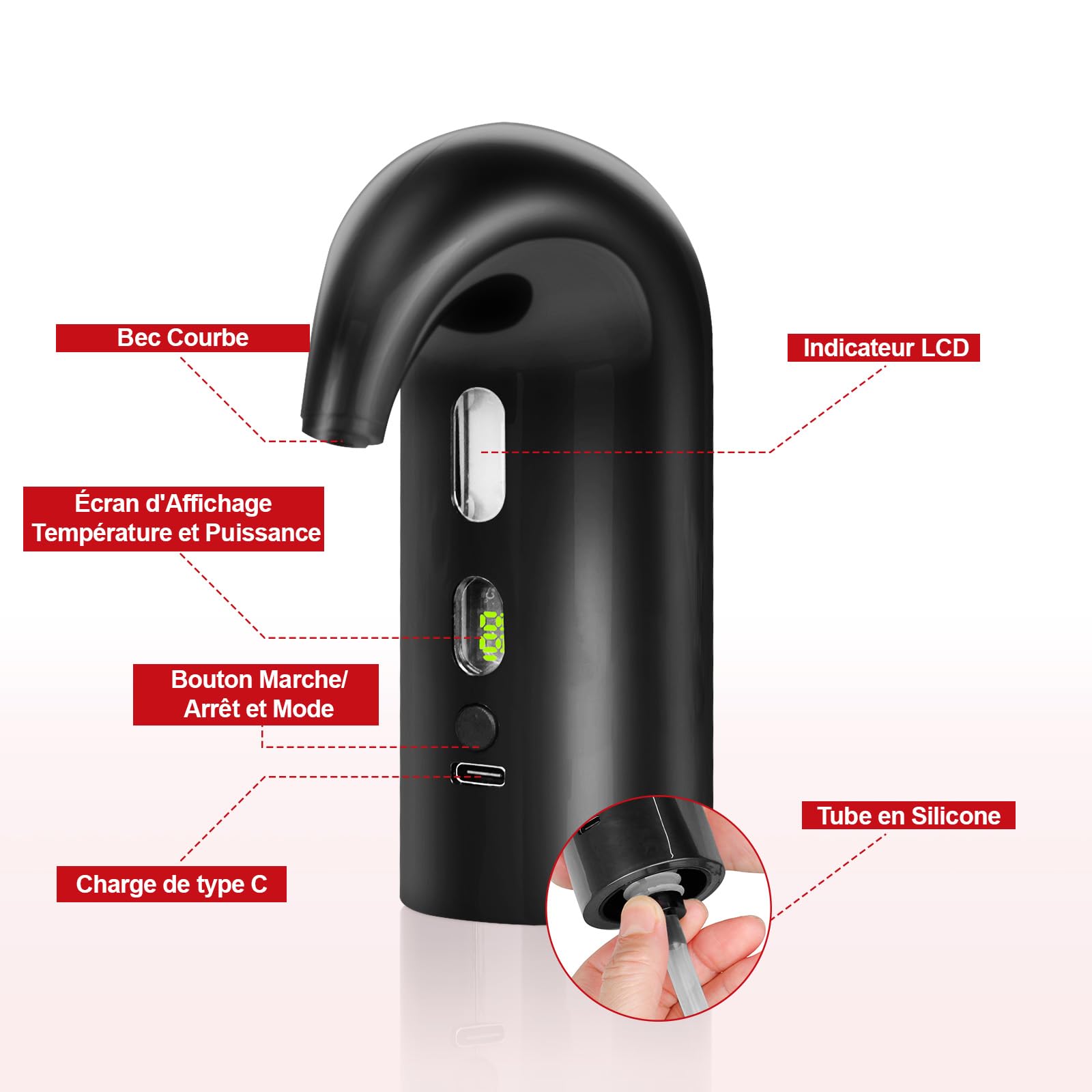 Décanteur à vin électrique, Aérateur Distributeur Verseur - Cadeau Fête des Pères, verseur d'aérateur de vin rouge à une touche, rechargeable de type C pour la maison et le bar (Noir)