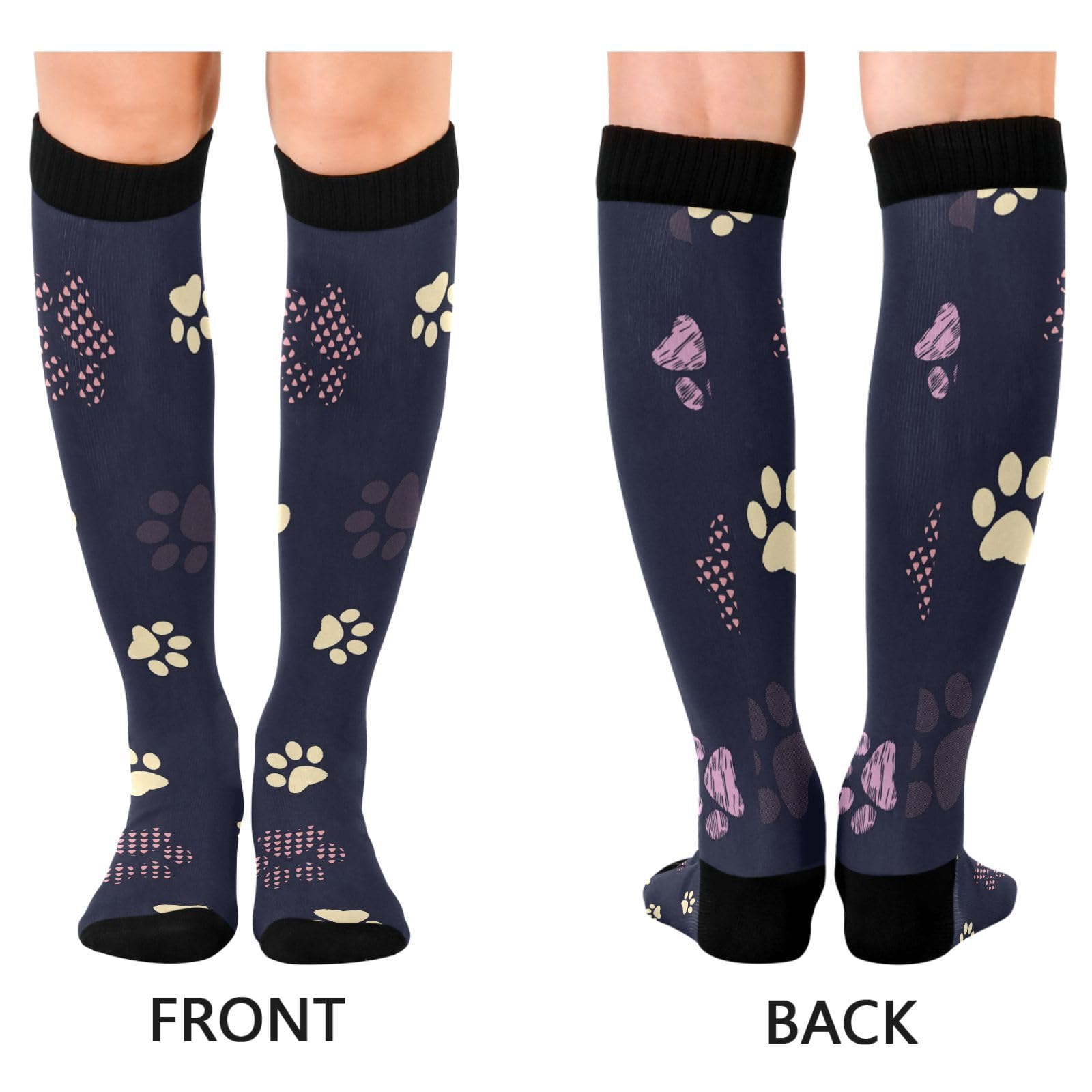 OTVEE Compression Socks Women & Men, 2 Pairs Purple Cat Dog Paw Long Socks for Gym Running Hiking Sport