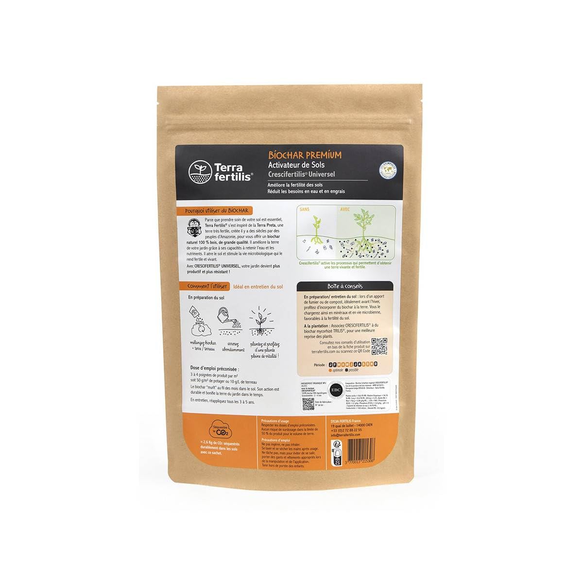 Terra Fertilis - Fertilisant Sols Universel - à base de Biochar (charbon végétal) - Stimule l'activité biologique du sol - Retient l'eau et les nutriments au niveau des racines - 1KG
