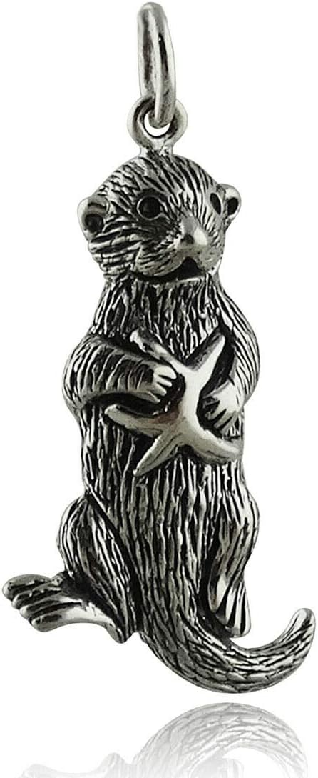 Sea Otter w/Starfish Charm - Sterling Silver 925. 3D Textured Pendant - Jewelry Making DIY Crafting Charm Beads for Bracelets