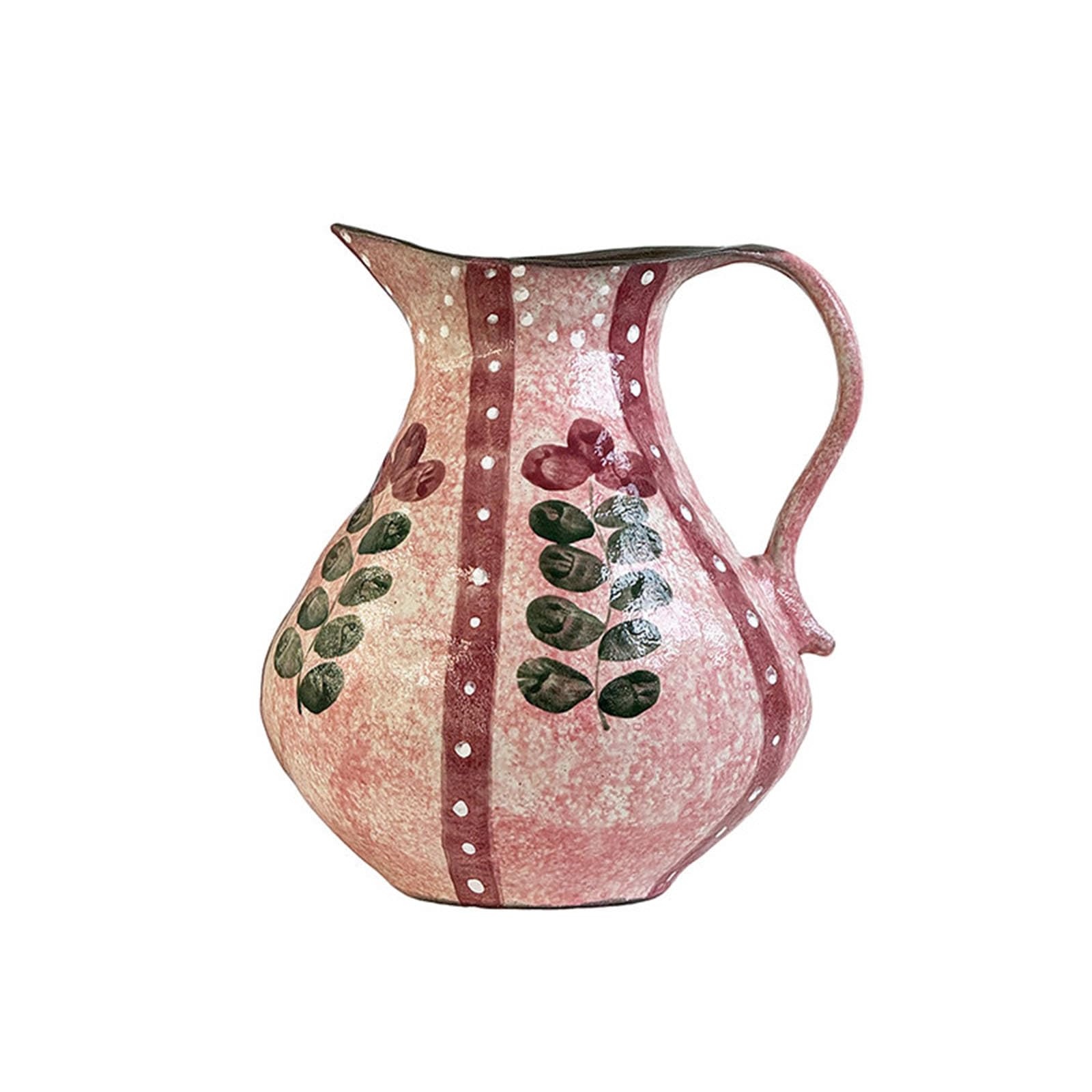 Nzzkoides Pink Hand-Painted Pattern Vase For Flowers, Elegant Ceramic Vase With Handle, Ornament For Living Room, Bedroom, Study, Office, Coffee Shop(Size:h26cm,Color:pink)