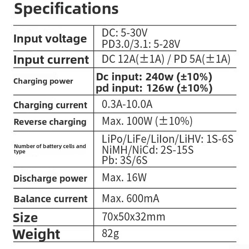 B6neo+ Smart Balance per caricabatterie DC 240 W PD 126 W per LiPo/LiFePO4/NiMH 1S-6S per batteria con xt60 e USB-C, ventola silenziosa 48 dB, ideale per droni, modelli RC e campeggio