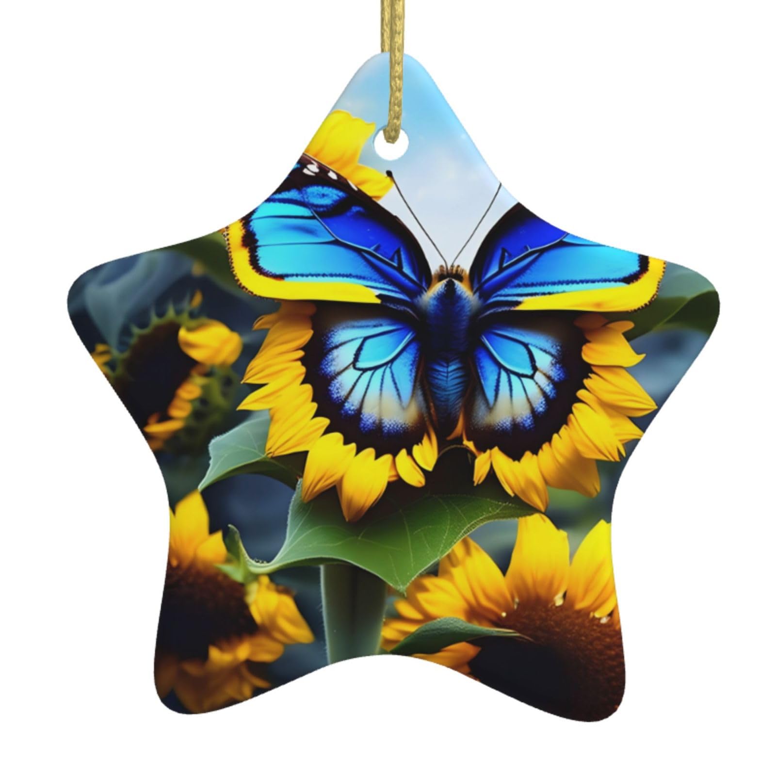 Sunflower Blue Butterfly Christmas Ceramic Star Pendant with Punched Holes and Gold Wire Rope, Christmas Tree Home Decoration