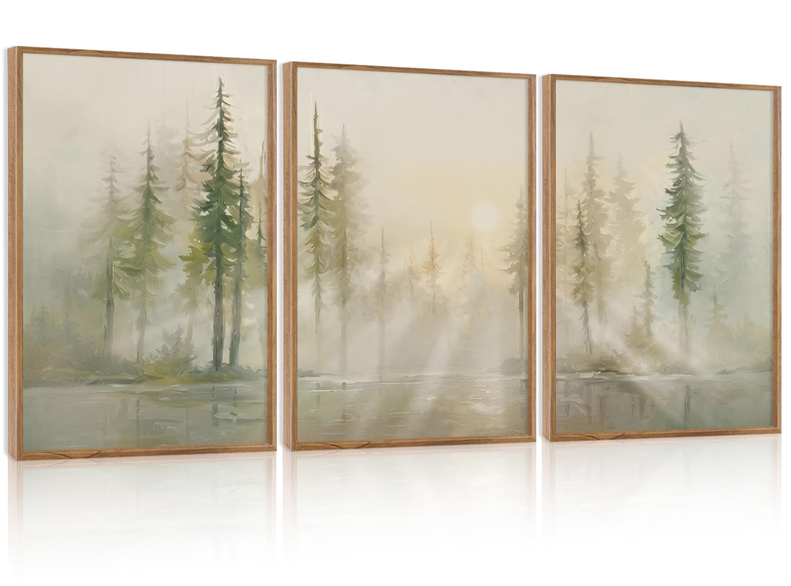 KAIRNE Misty Pine Forest Canvas Wall Art Impasto Oil Painting Style Woodland Prints Minimalist Neutral Green Nature Landscape Pictures for Living Room Bedroom Office Decor 12 x 16inch x 3 — image 1