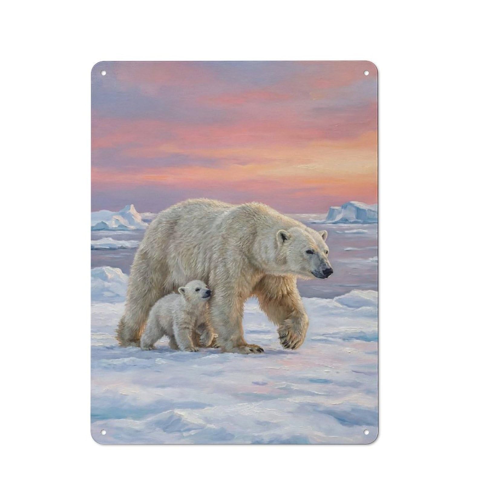 Junmoney Style-15 Polar Bears In Arctic Sunset Rustic Metal Sign 40X30cm, Barn Style Farmhouse Wall Decor For Kitchen, Cottage, Porch Or Garden Room