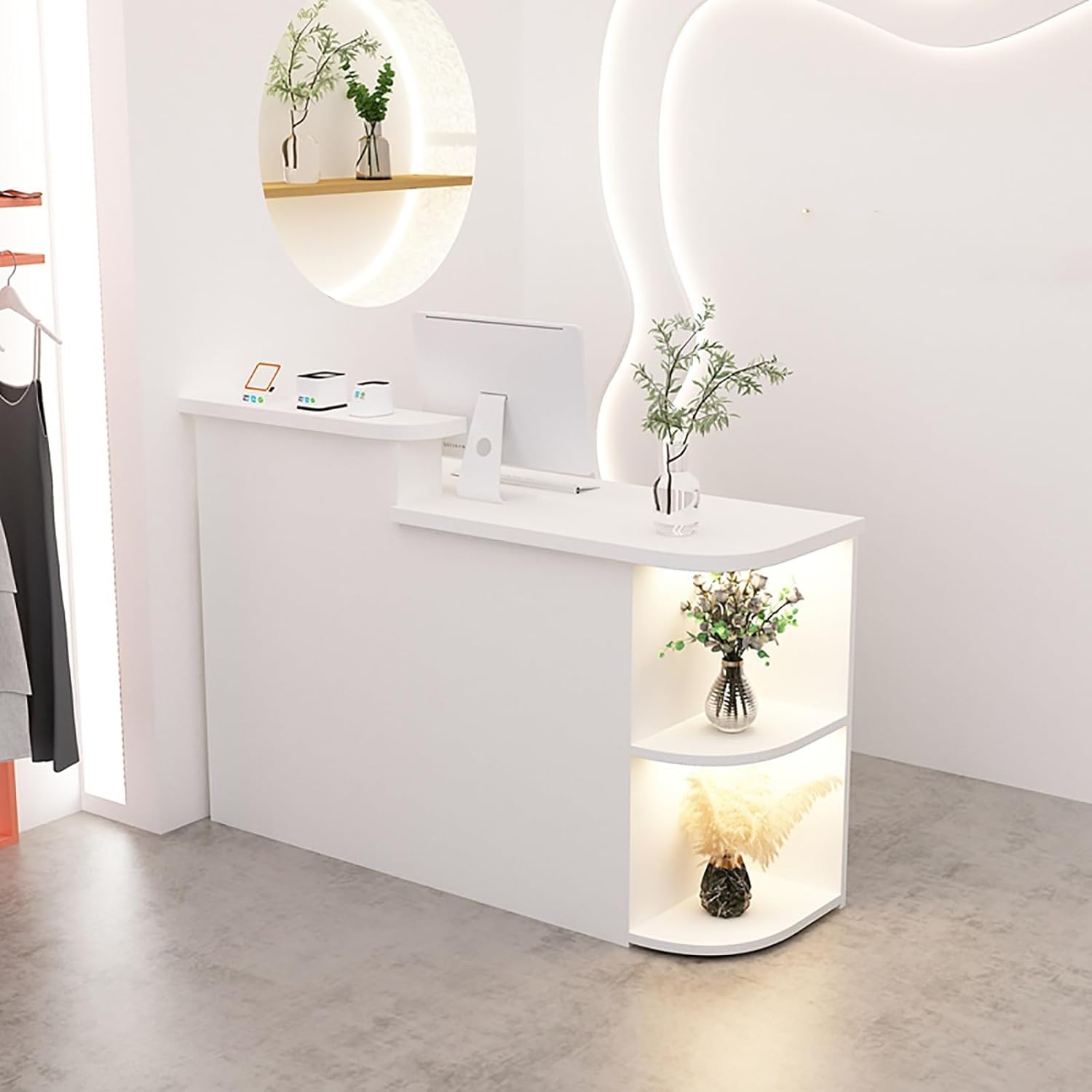 Banco reception con contenitore, banco cassa con luce LED, partizioni aperte, realizzato in materiale di grado E, design compatto 150x50x105cm, adatto per uffici e aziende