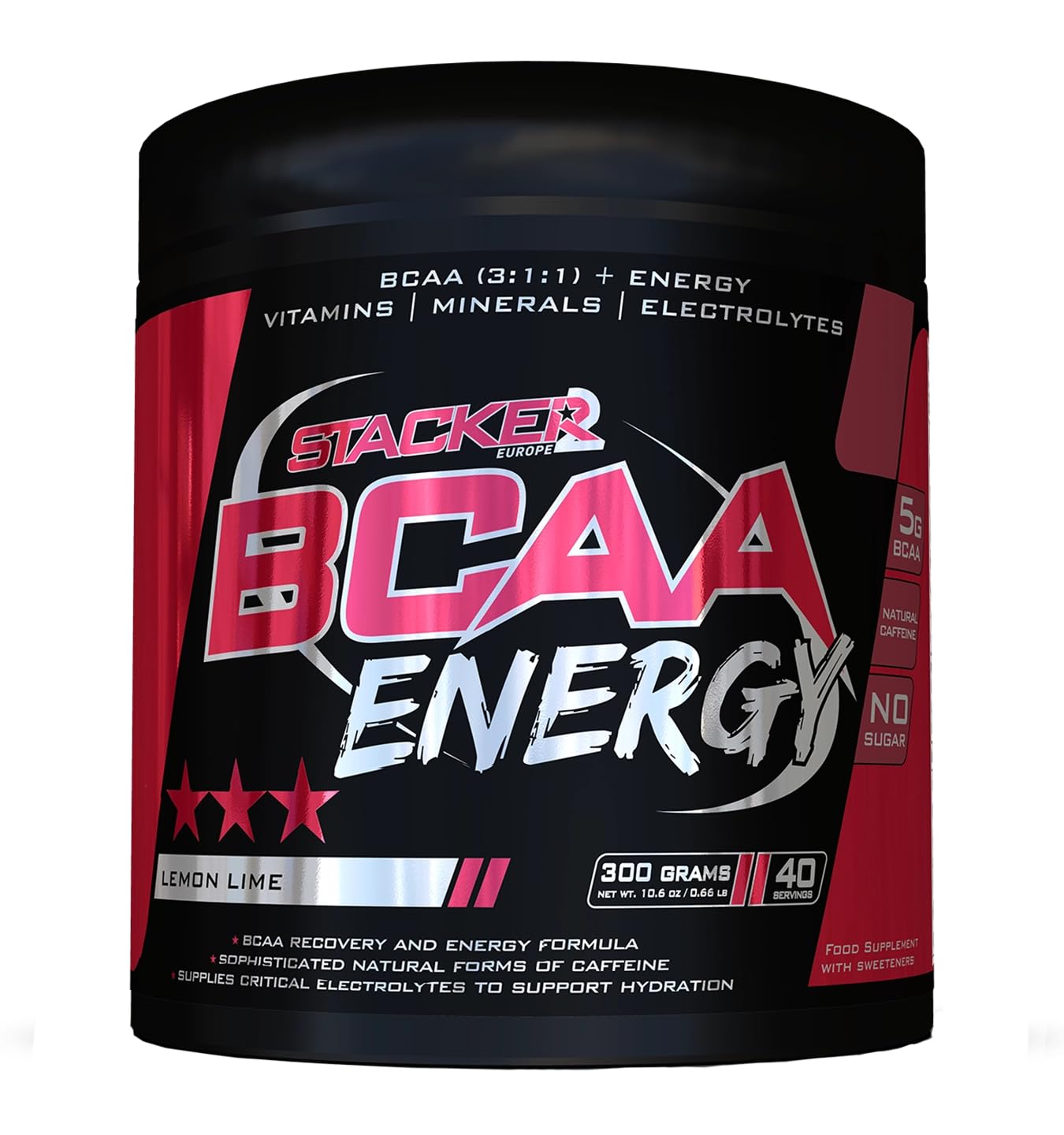 Stacker2 Europe BCAA Energy Lemon Lime with Electrolyte and Synergy Components, 5 g BCAA in Research-Assisted Ratio 3:1:1, 300 g, 40 Servings, No Sugar