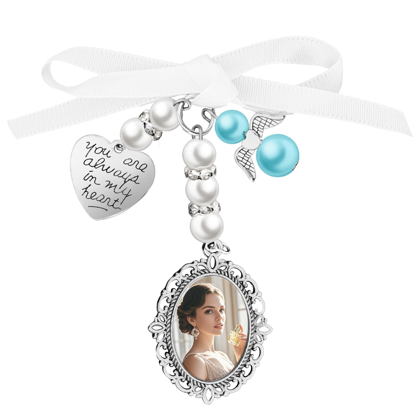 Lace Oval Photo Locket Bouquet Photo Charms, White Ribbon Pearl Memorial Photo Pendant, Angel Wing Keepsake Charm for Bridal Wedding Bouquet Memory-image-48