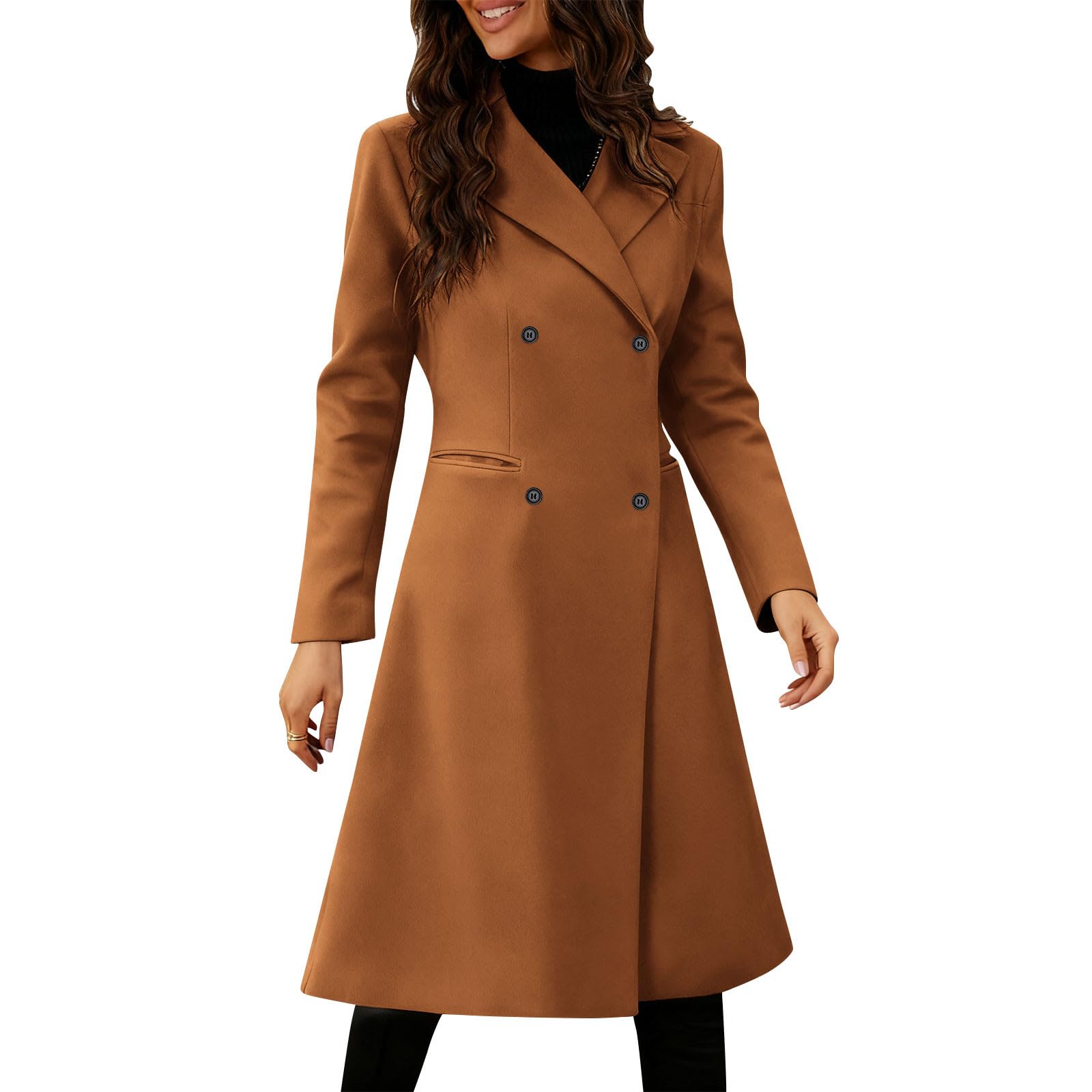 Womens Formal Work Long Blazer Coat Business Casual Double Breasted Trench Coats Slim Fit Woolen Long Jacket