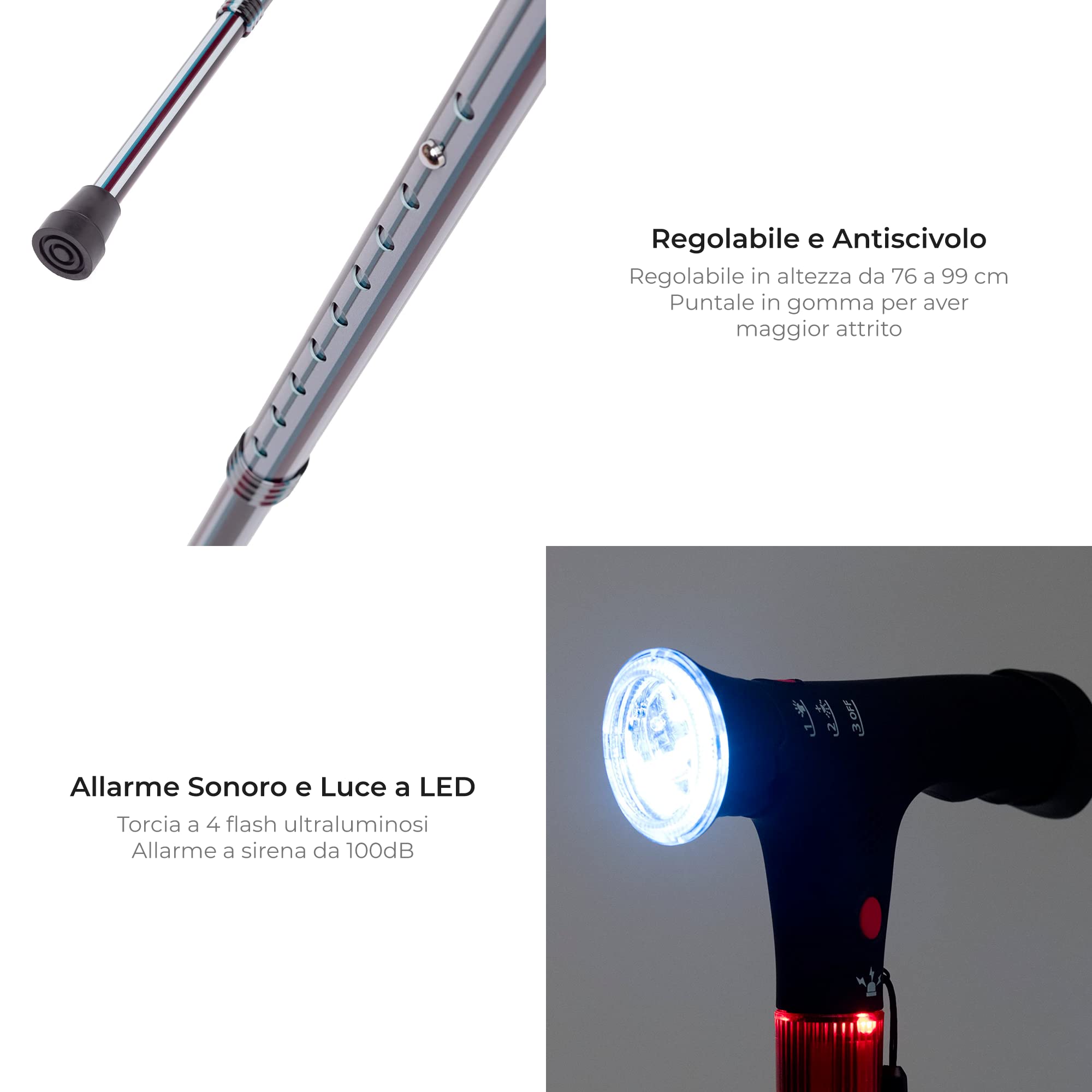SPES - Bastone da Passeggio Regolabile con Luce a LED e Allarme Sonoro di Sicurezza - Elegante in Alluminio per Anziani e Disabili - a righe Blu Bianche. Bordeaux