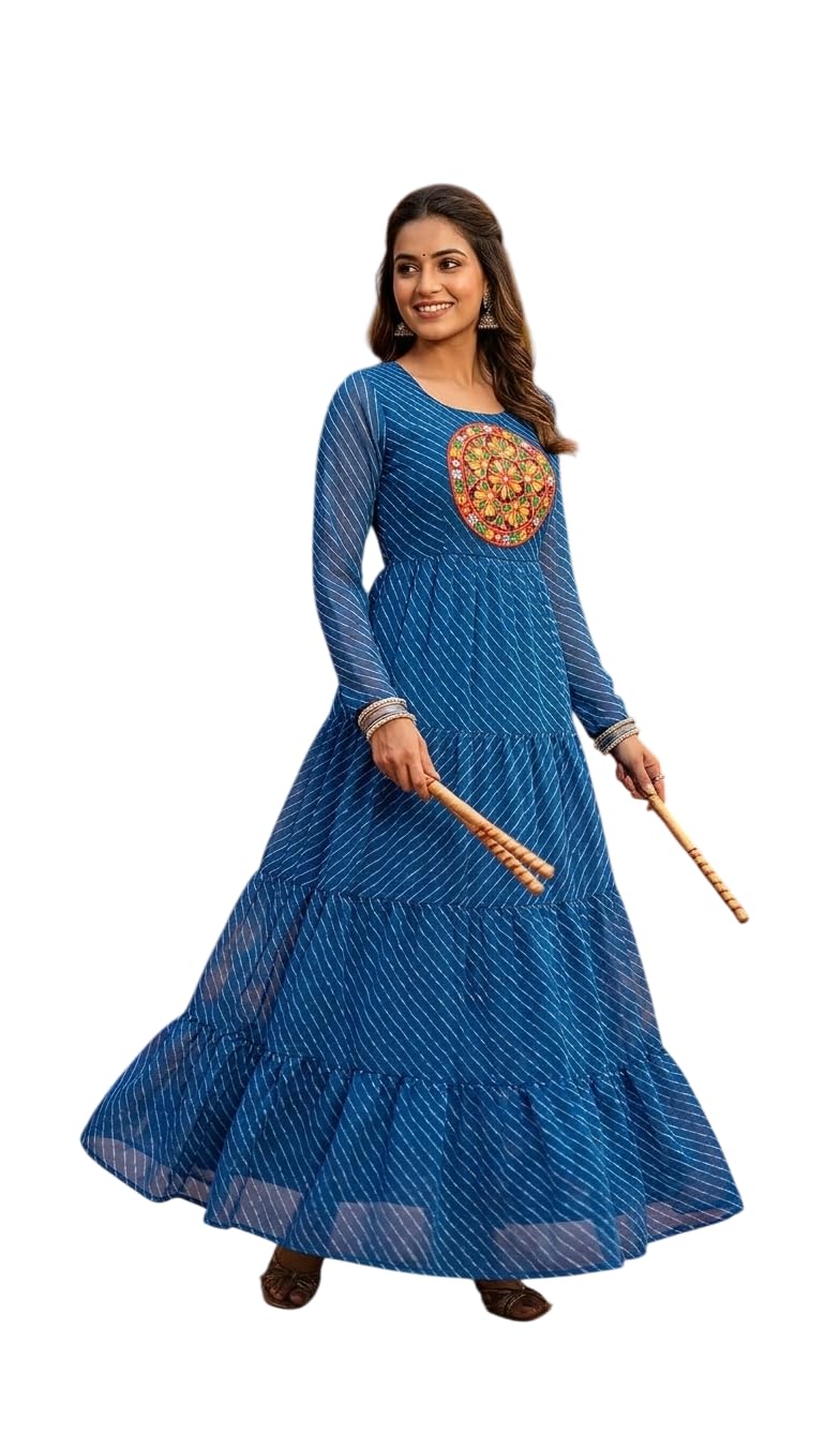 Women Flared Ethnic Gown Laheriya Print Georgette Long Anarkali Gownwith Gamthi Work Patch for Navratri-image-17