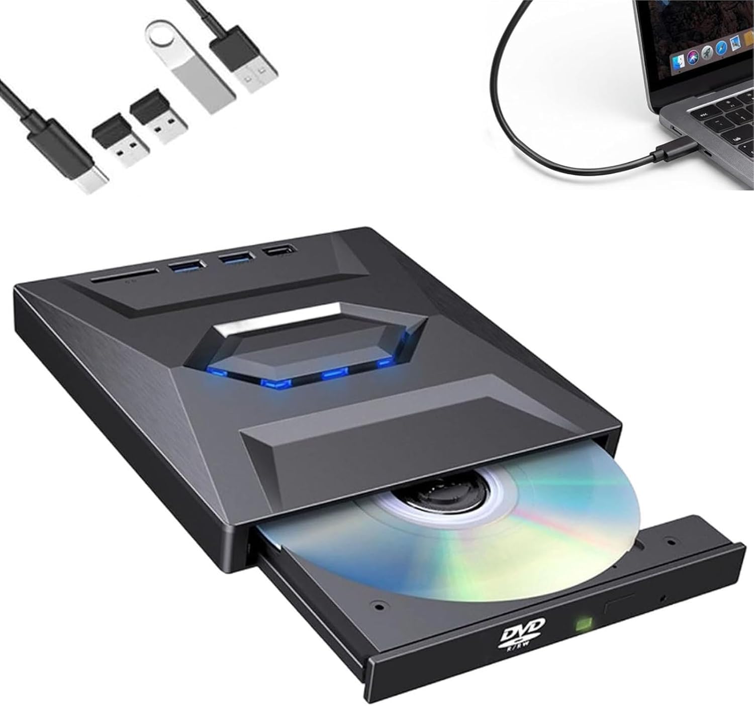 Générique Lecteur Blu-Ray Externe 7-en-1, graveur BD/DVD/CD Portable avec USB 3.0 et Type-C, hub USB et Lecteur de Cartes SD/TF, Lecteur Optique Plug & Play pour Ordinateur Portable (Noir)