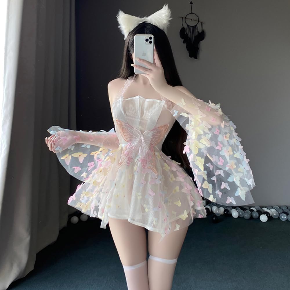 sexy kimono lingerie for women robe dress costume outfit cosplay Butterfly short mesh Cute open front Deep V-Neck Floral Pattern japanese Yukata Anime Side Slit Sleepwear Pajamas set white - Image 7