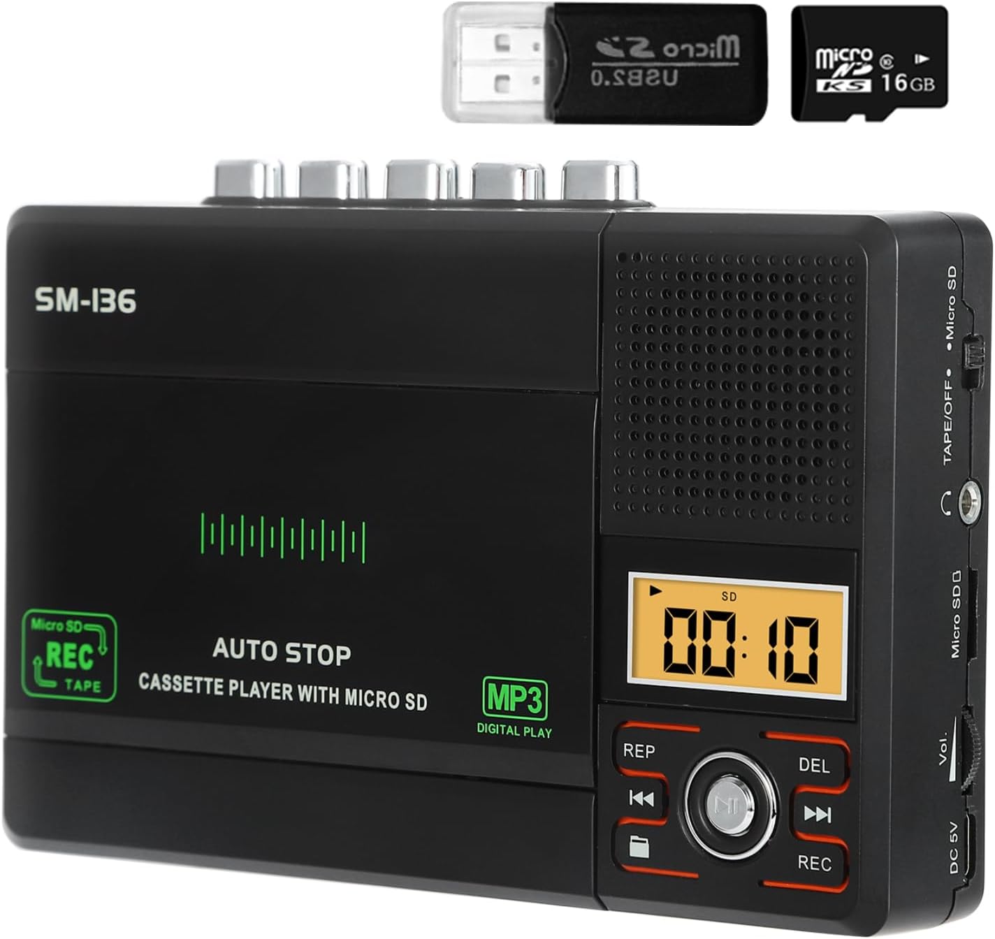 Portable Cassette Tape Player Recorder Walkman, Audio Cassette to MP3 Digital Converter via USB C or SD Card, LCD Display, Speaker, Headphone Jack, DC or AA Batteries Power, 16GB SD Card