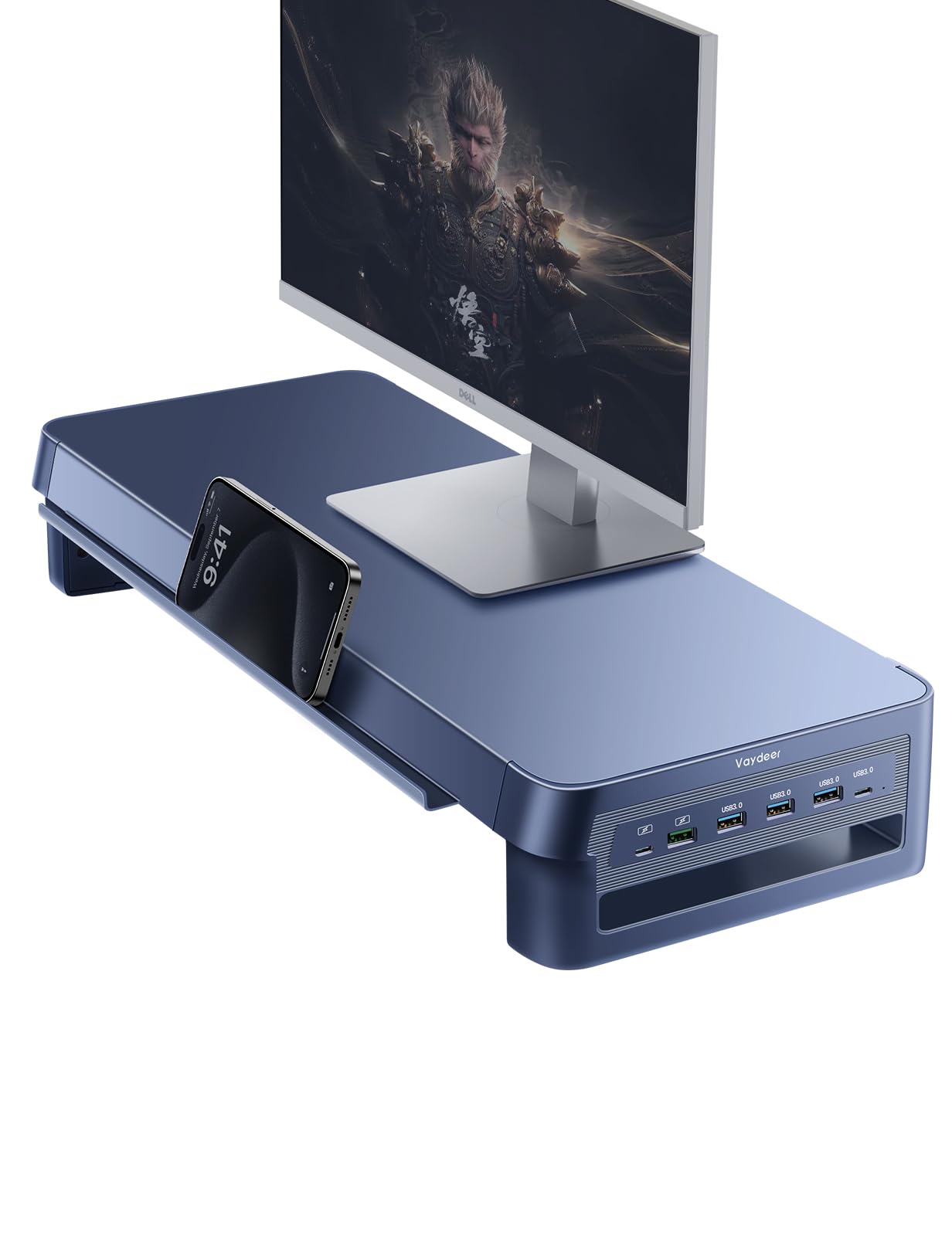 Vaydeer USB 3.0 Monitor Stand, Metal Monitor Riser with Hub, Support Fast Charging and Transfer Data, Keyboard and Mouse Storage Desk Organizer for