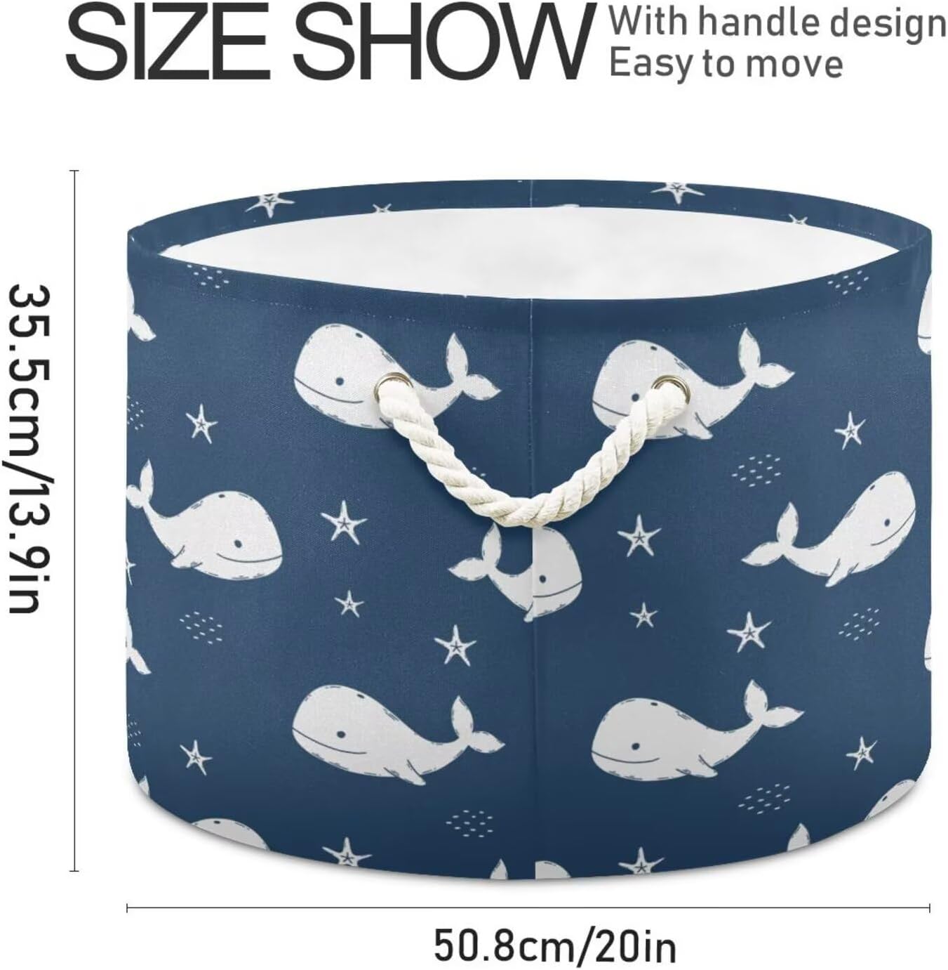 Navy Blue Whale Print Round Storage Basket Ocean Animal Large Laundry Hamper 20 x 20 x 14 Inches Organizer Bin Blanket Storage Bag for Bedroom Bathroom Nursery Living Room Decoration