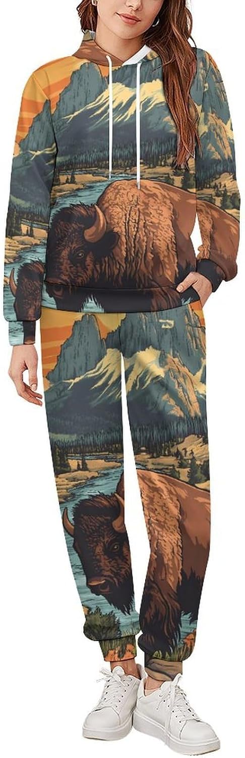 Vintage Bison In Mountains Sweatshirts for Men Two Piece Casual Hoodie Tracksuit Jogger Pants