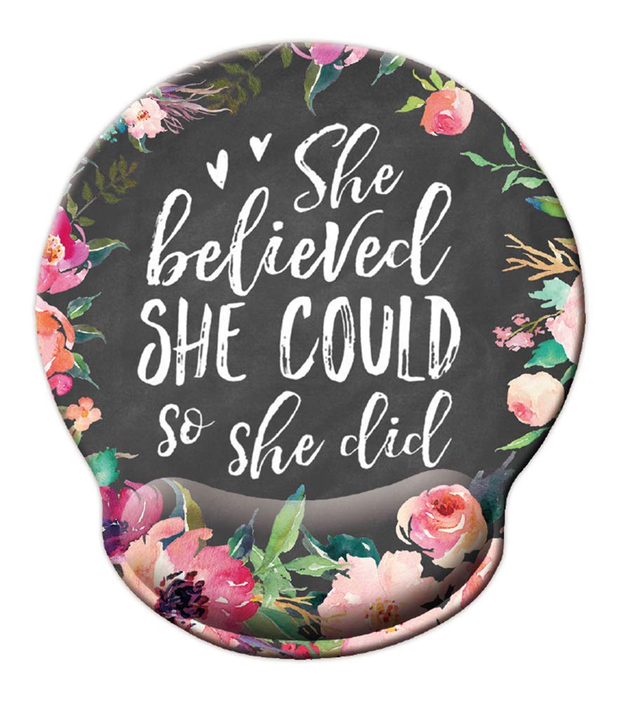 She Believed she Could so she did Mouse pad, Watercolor Floral Mousepad with Wrist Support, Cute Wrist Pad for Computer, Laptop, Home Office Gaming, Working, Easy Typing