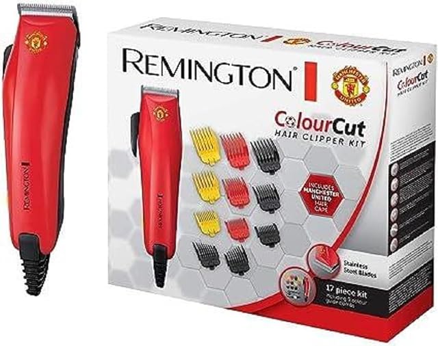 Remington maszynka do włosów, Manchester United, ostrza ze stali nierdzewnej, 9 nakładek 1.5-25mm, przewodowa, dźwignia do regulacji, grzebień + nożyczki + szczoteczki, czerwona, ColourCut HC5038