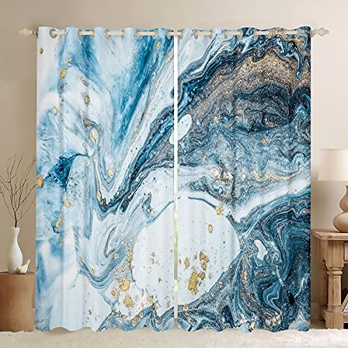 Homemissing Blue White Marble Window Curtains For Abstract Ocean Swirls Marble Ripples Curtains Natural Gold Teal Window Drapes Crack Treatments,W66*L90
