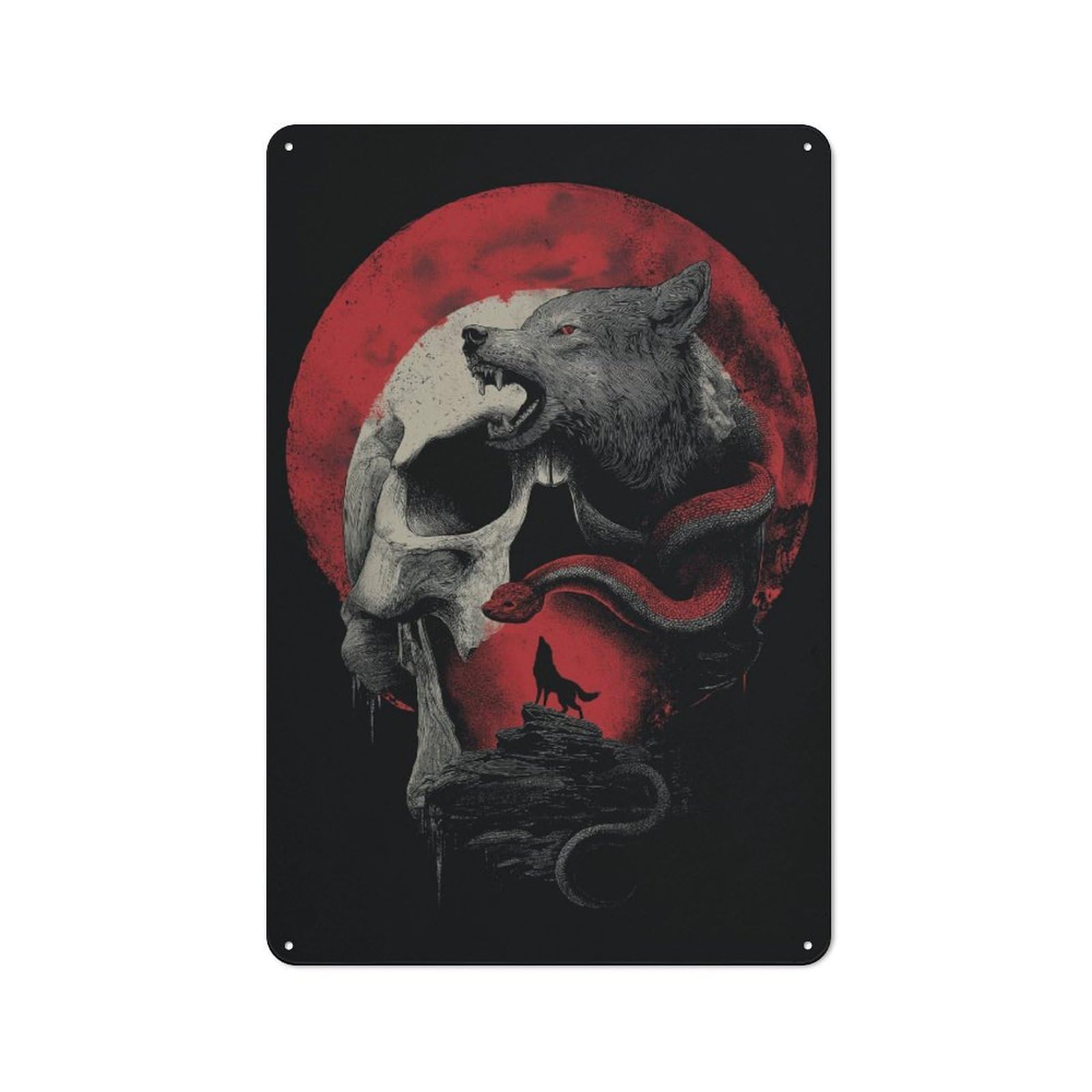 Junmoney Red Moon Wolves Metal Gift Sign 30X20cm, Decorative Room Wall Plaque For Bedroom, Kitchen, Office Or Living Room