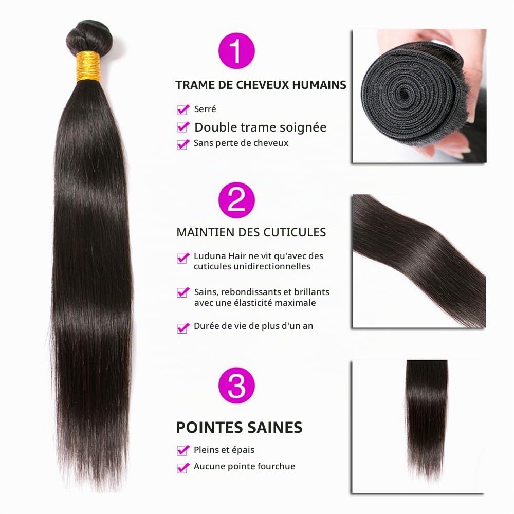 Tissage Cheveux Humain Tissage bresilien lisse human hair Tissage Naturel Cheveux Humain straight Hair Bundles for women Couleur Noire Naturelle 1 paquet 100g 16 Pouce