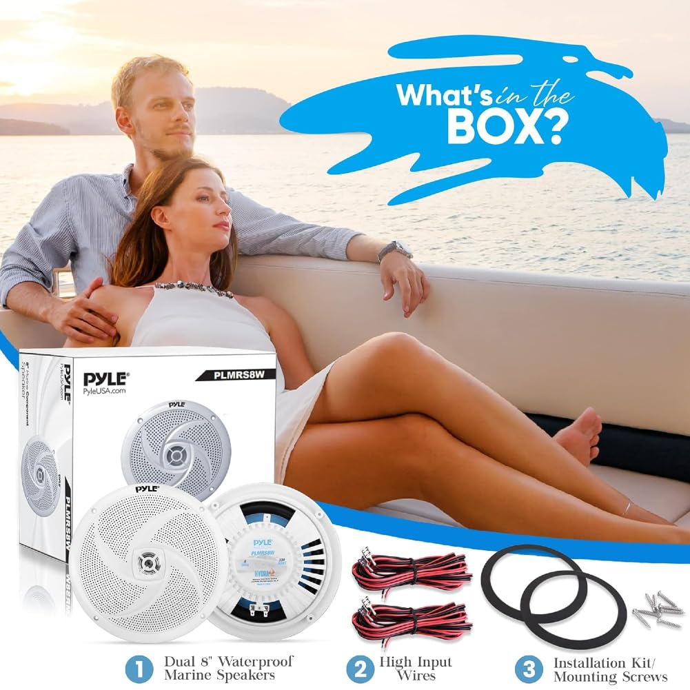 Kit Set para Pyle PLMRS8W, 2 Altavoces Marinos Full Range, 8" 23,9 cm 239 mm, 160 vatios RMS, 320 vatios máx., 4 ohmios, Impermeables, para embarcaciones, Color Blanco, par + Cables Gratis
