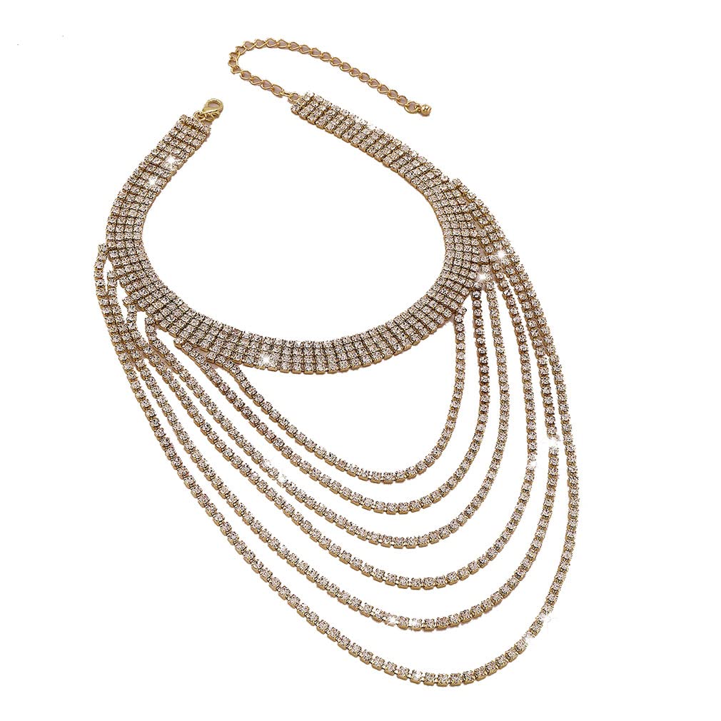 YAZILINDWomen's Rhinestone Tassel Multi-layer Chain Necklace Exaggerated Luxury Banquet Prom Collar Jewelry