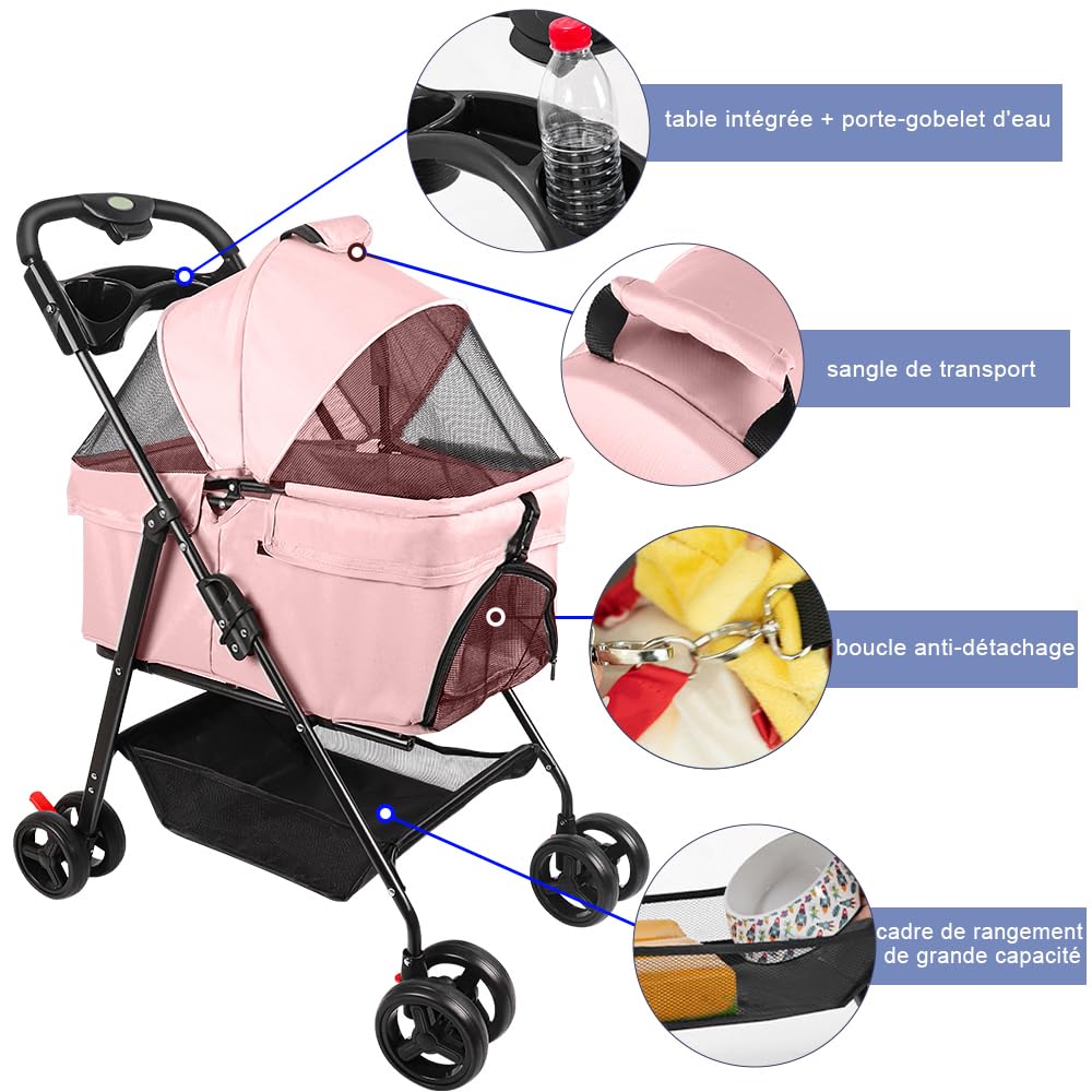 Homewell Passeggino per gatti e cani pieghevole, cestino rimovibile, passeggino per animali domestici, carrello per gatti portatile, con cestino ventilato, spazio di archiviazione e portabicchieri