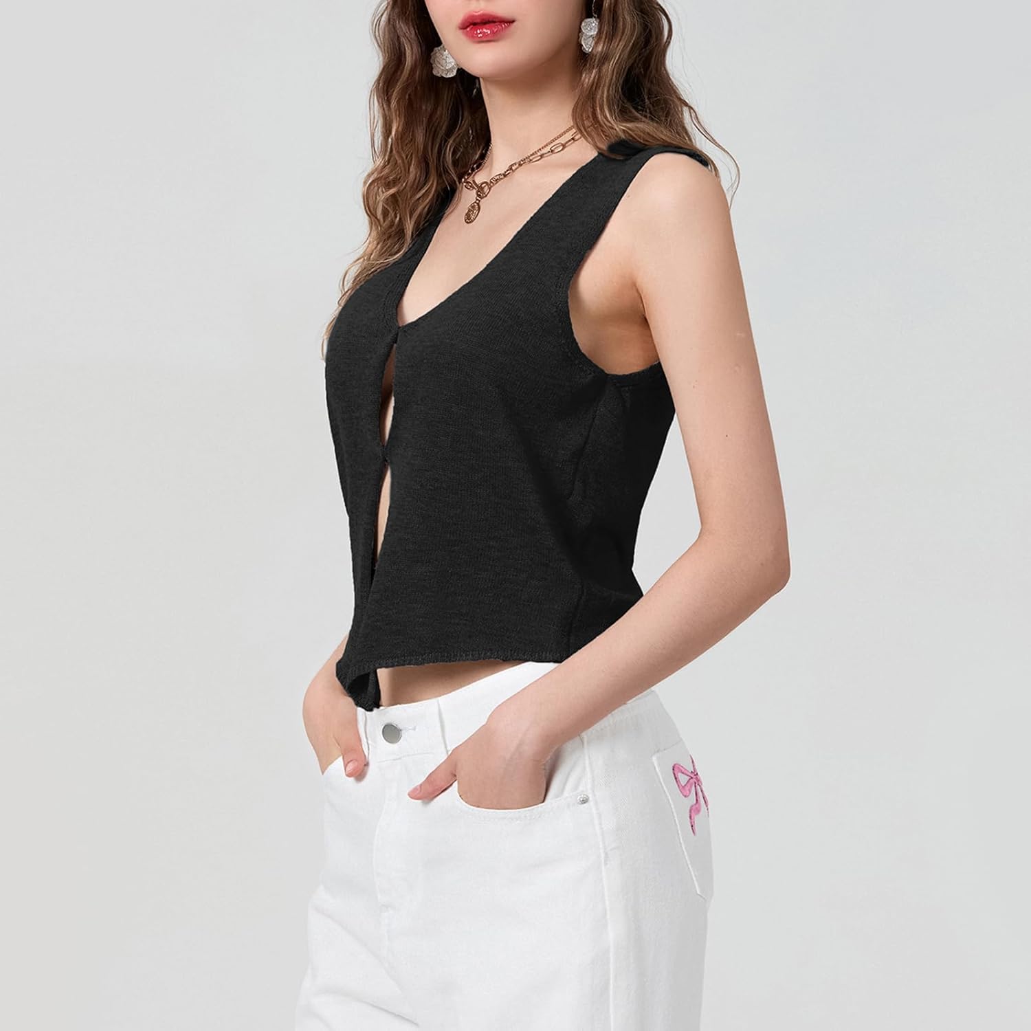 Womens Vintage Knittd Tank Y2k Vest Crop Top Sleeveless V-Neck Open Front Button Crochet Knit Vests Versatile Tops - Image 2