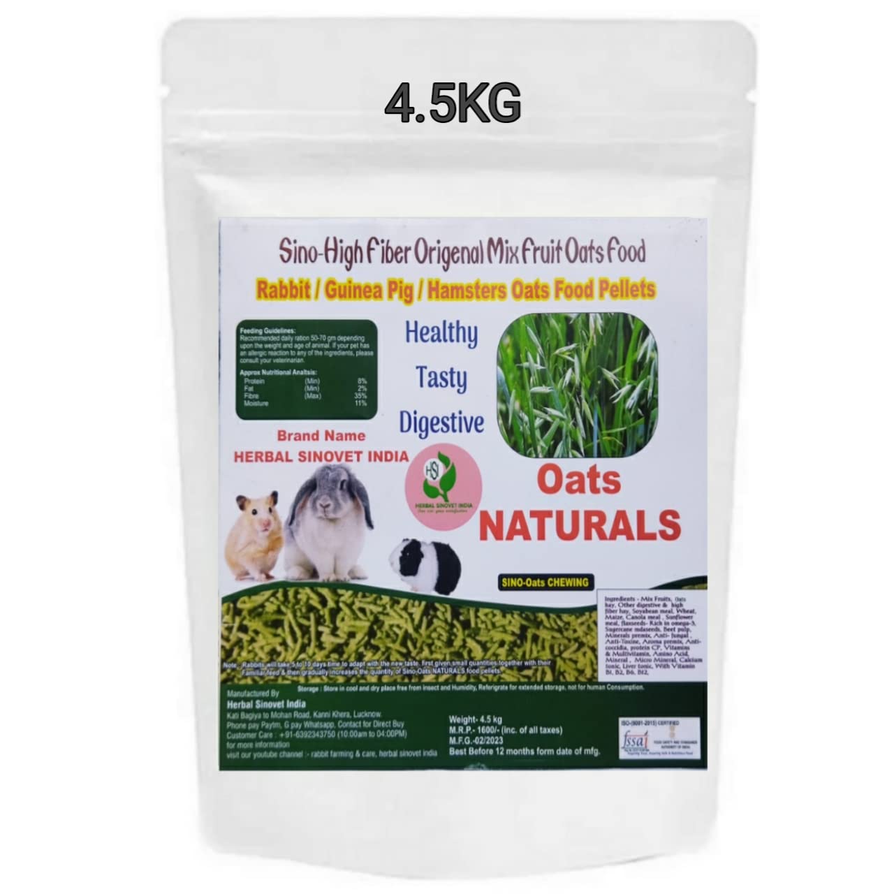 Herbal Sinovet India Organic Ots Natural Food pellets for Rabbit, Guinea Pig, Hamster 4.5 kg