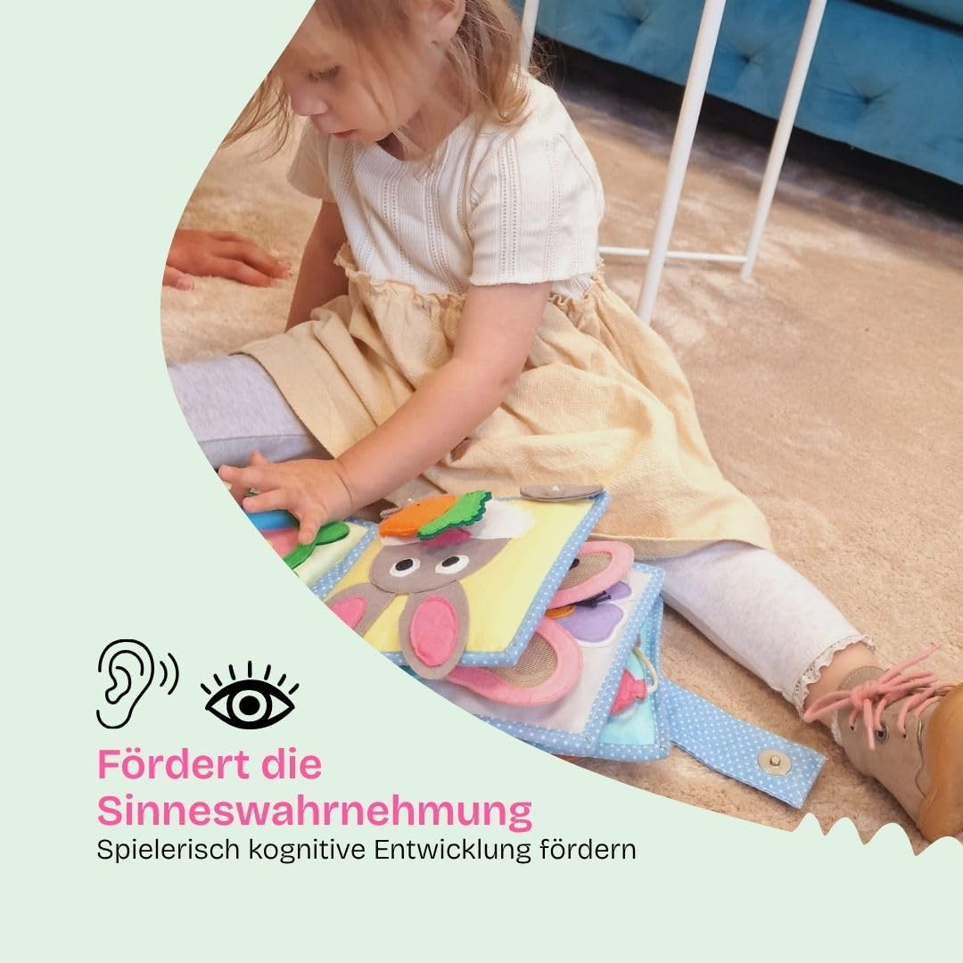 Jolly Designs – Kleine Biene - Mini Quiet Book – Montessori Spielzeug ab 6 Monaten – Motorik & Sensorik fördern – Handgefertigtes Filzbuch – Lernspielzeug für Kleinkinder – Busy Book für unterwegs