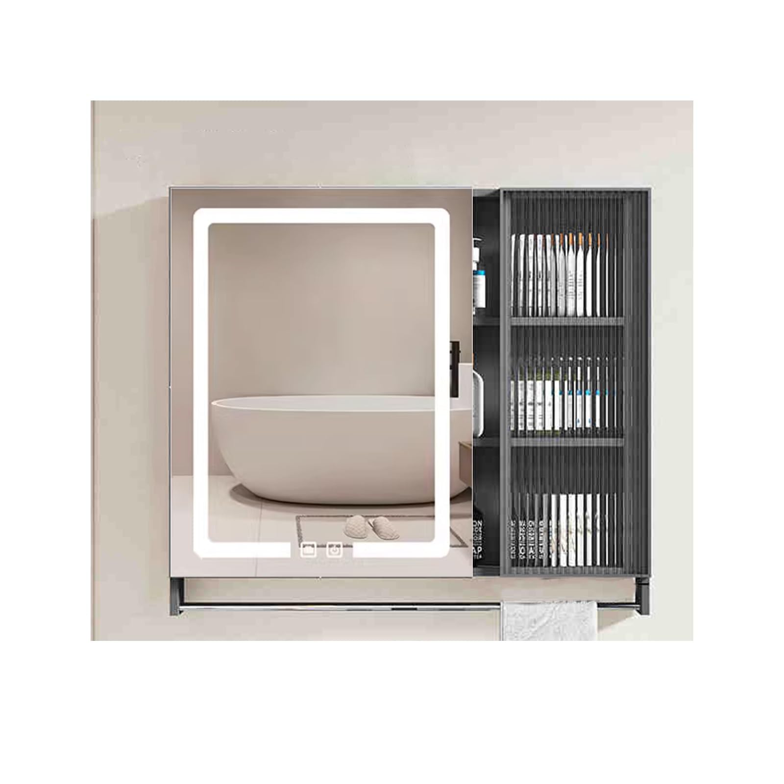 BKSXSOP Illuminated Bathroom Cabinet with Mirror & Towel Rack, Anti-Fog, Space-Saving Aluminum Shelf, Smart Design, 70cm/27.5in - Gray Medicine Storage Solution