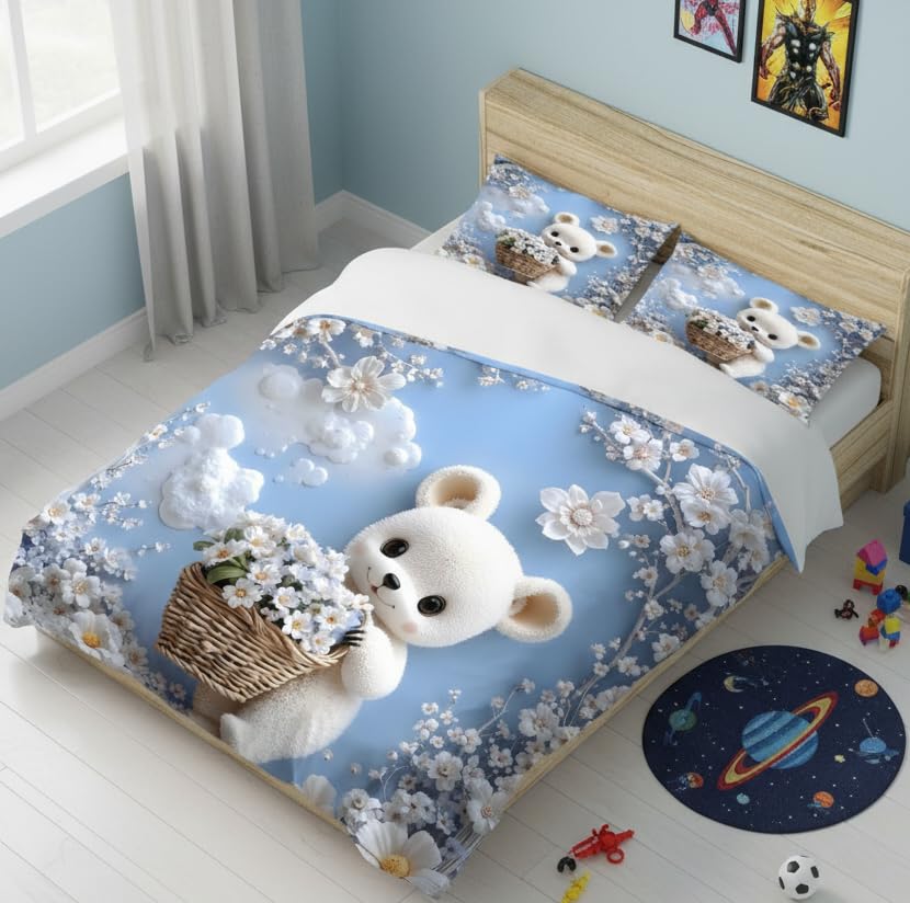 Image of Premium 7D Printed King Size Bedsheet Set with Pillow Covers Soft Cotton Blend Double Bedsheet for Home (Pillow Covers :18x28 inches Bedsheet :90x100 Blue,White)