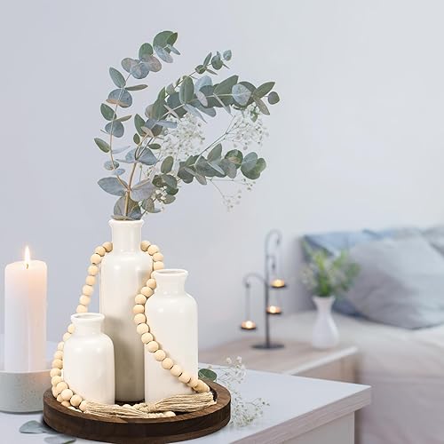 Miniatura 5 de Juego de 5 piezas de centros de mesa rústicos de mesa de campo, juego de 3 jarrones de cerámica boho con bandeja de madera para servir cuentas de