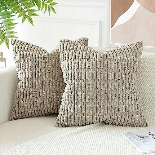 JOTOM Set of 2 Corduroy Soft Striped Cushion Covers 45x45 cm Decorative Throw Pillow Covers Square Cushion Case Home Boho Decor Pillow Cases for Couch Sofa Bedroom 18x18 Inch (Taupe) - Image 3