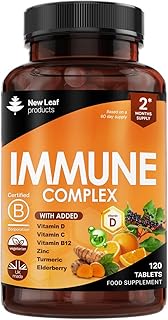 Vitamin D3 Immune Booster Complex - with Vitamins D,C, B12, Zinc, Turmeric & Elderberry - Immune Support - Made in The UK - Immunity Booster by New Leaf 120 Tablets