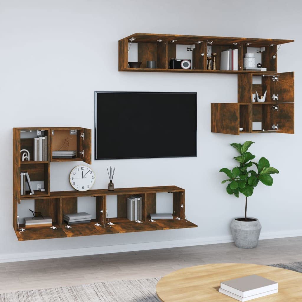 Mobile TV da parete in legno di rovere affumicato, mobile pensile decorativo per TV, con molto spazio per chiavi e blocchi appunti, superficie facile da pulire