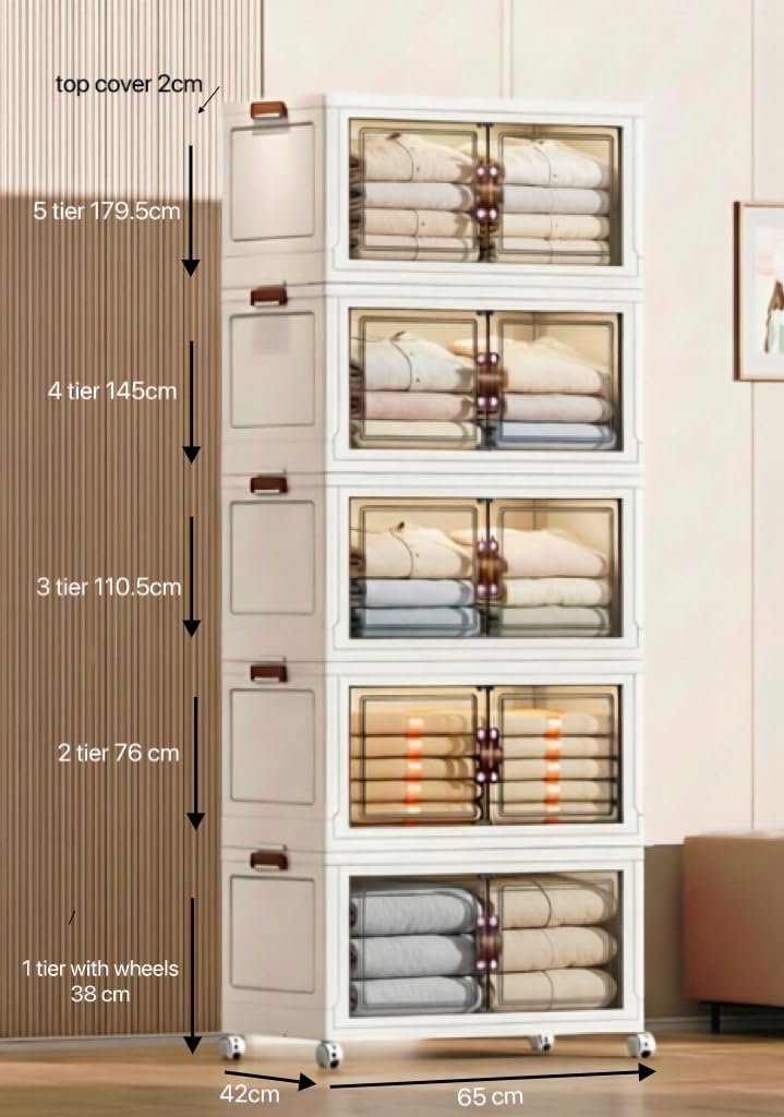 Bacs De Rangement Empilables avec Couvercles, Armoire De Rangement Pliable en Plastique avec Portes Transparentes Et roulettes Verrouillables, Organisateur De Placard 2-Tier
